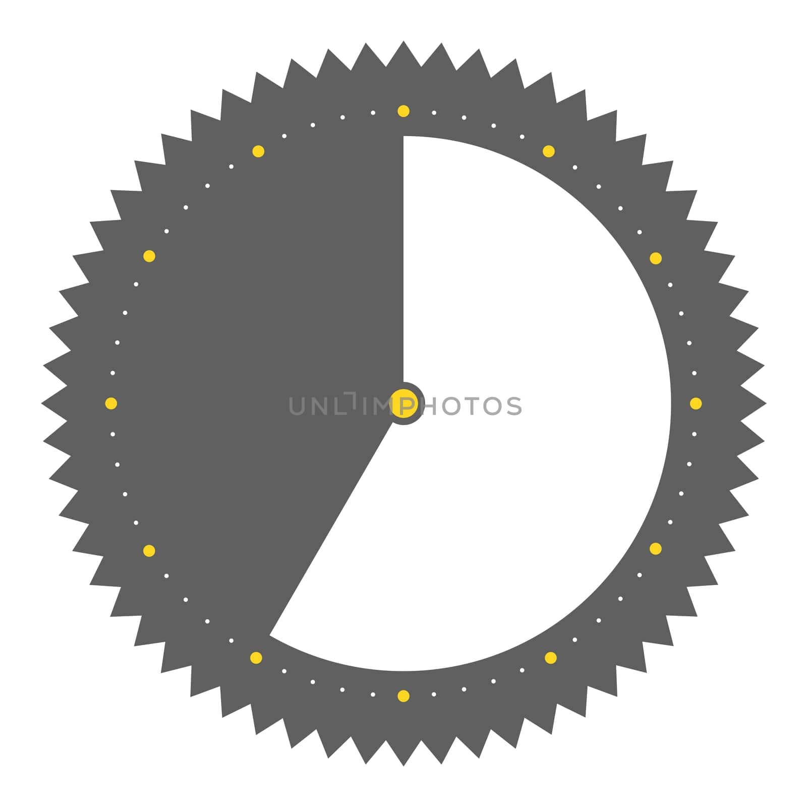 Isolated round grey button with spikes shows clock with 35 seconds 35 minutes or 7 hours