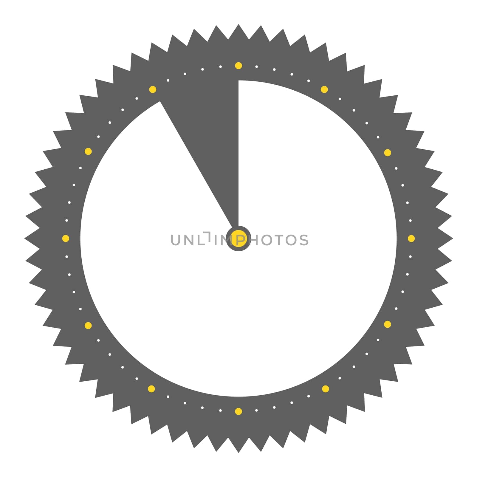 Isolated round grey button with spikes shows clock with 55 seconds 55 minutes or 11 hours