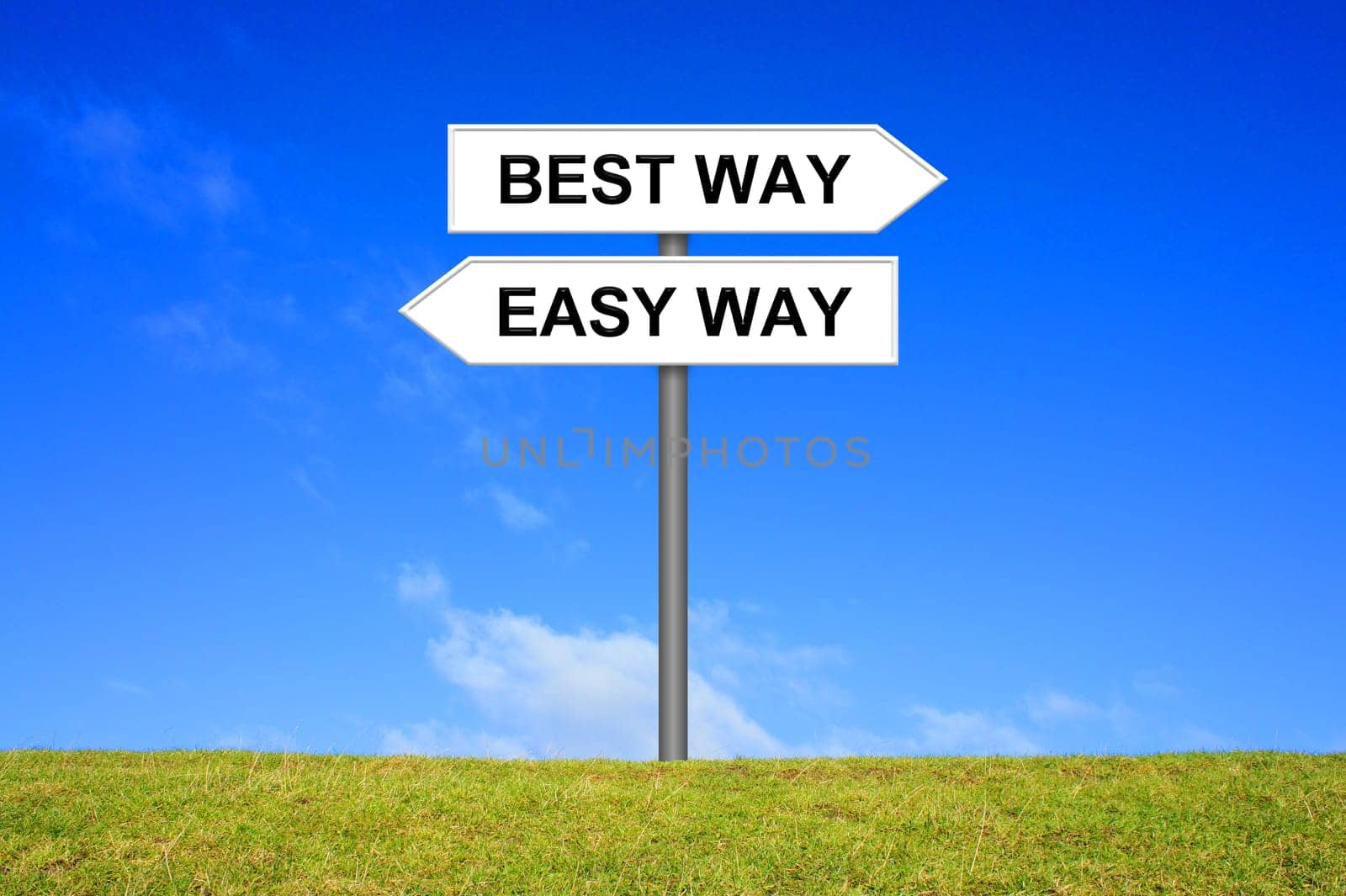 Signpost on a meadow in front of blue sky shows easy way or best way