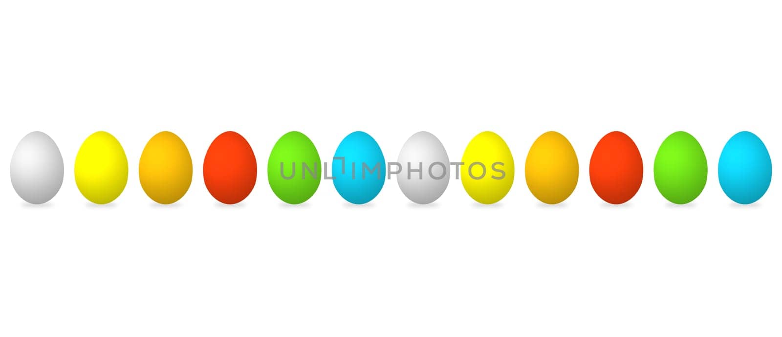 12 colorful insulated Easter eggs in white yellow orange red green and blue as background for Easter