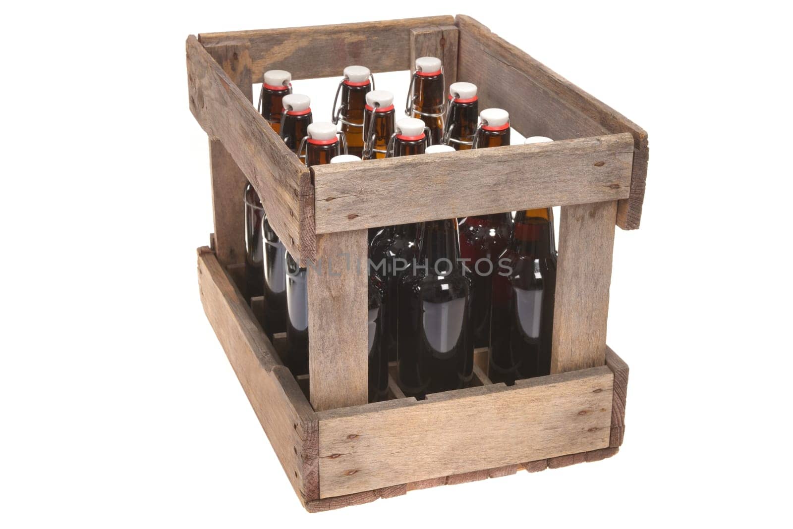Old Beer Box with Beer Bottles Insulated On White
