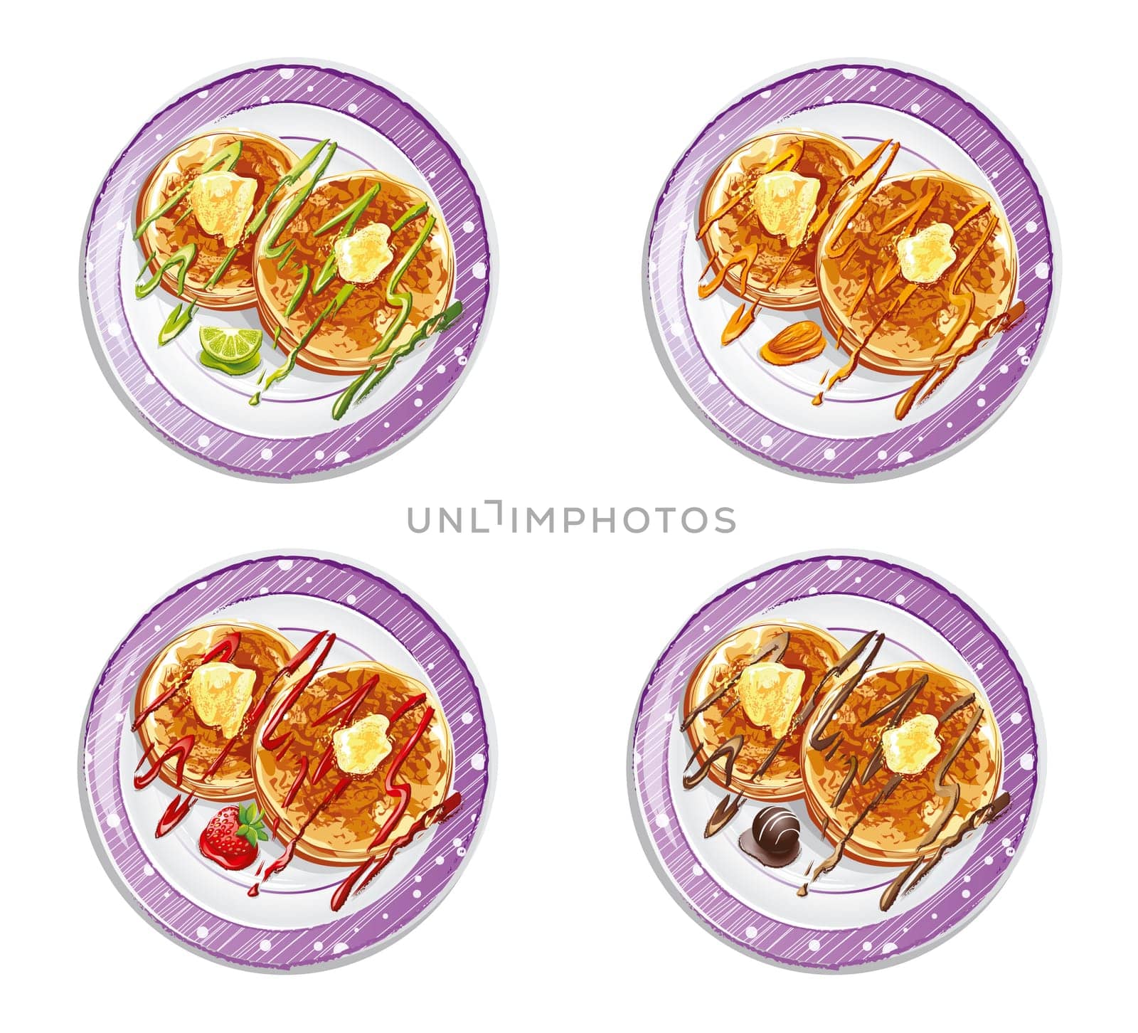 Set of pancakes with sauces