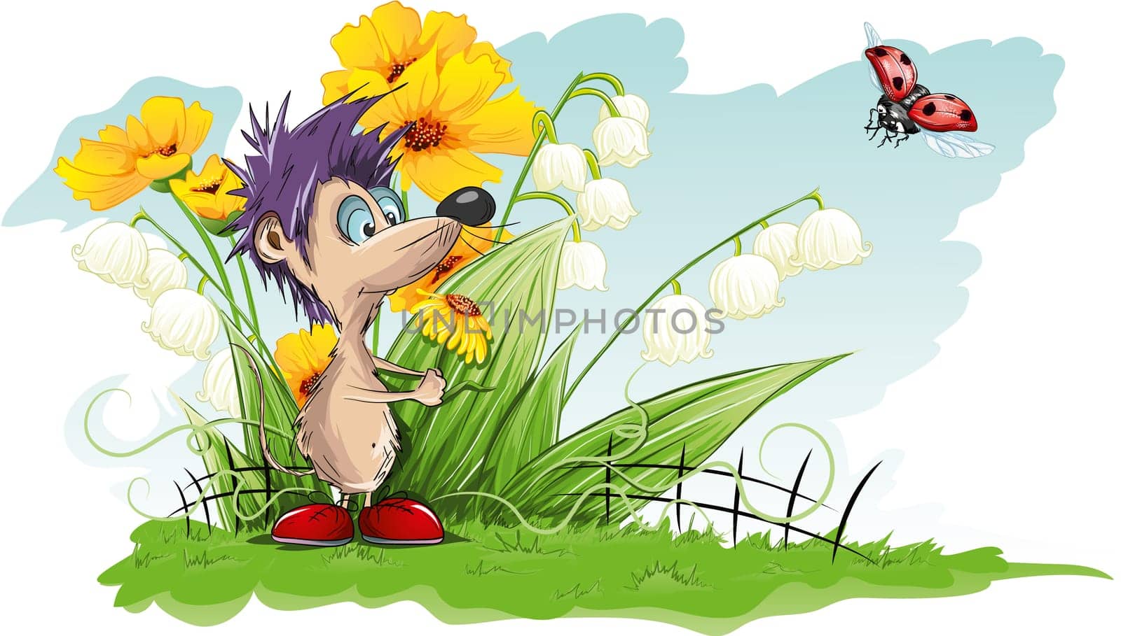 Vector card with flowers and little mouse