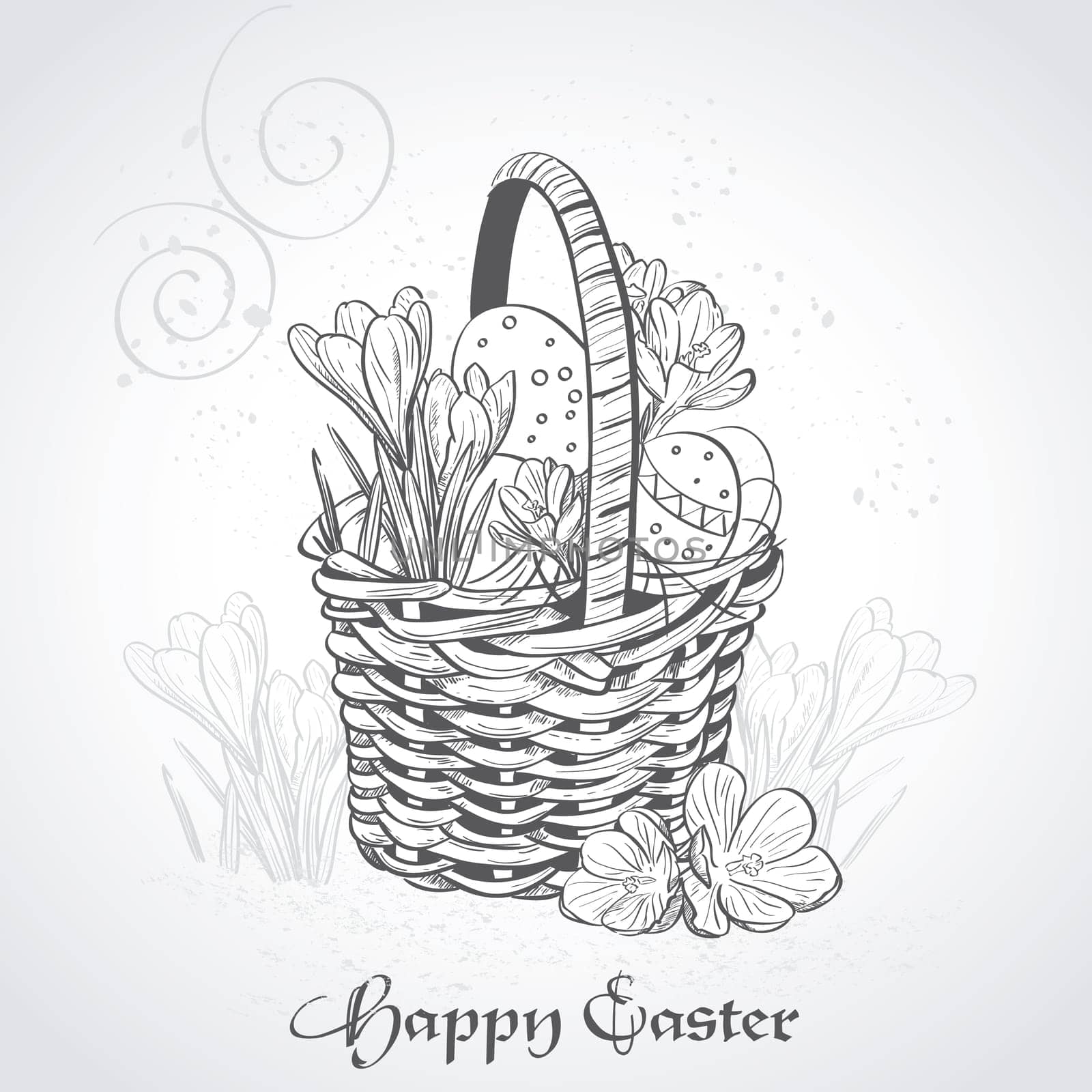 Easter card with a basket and flowers. Vintage background