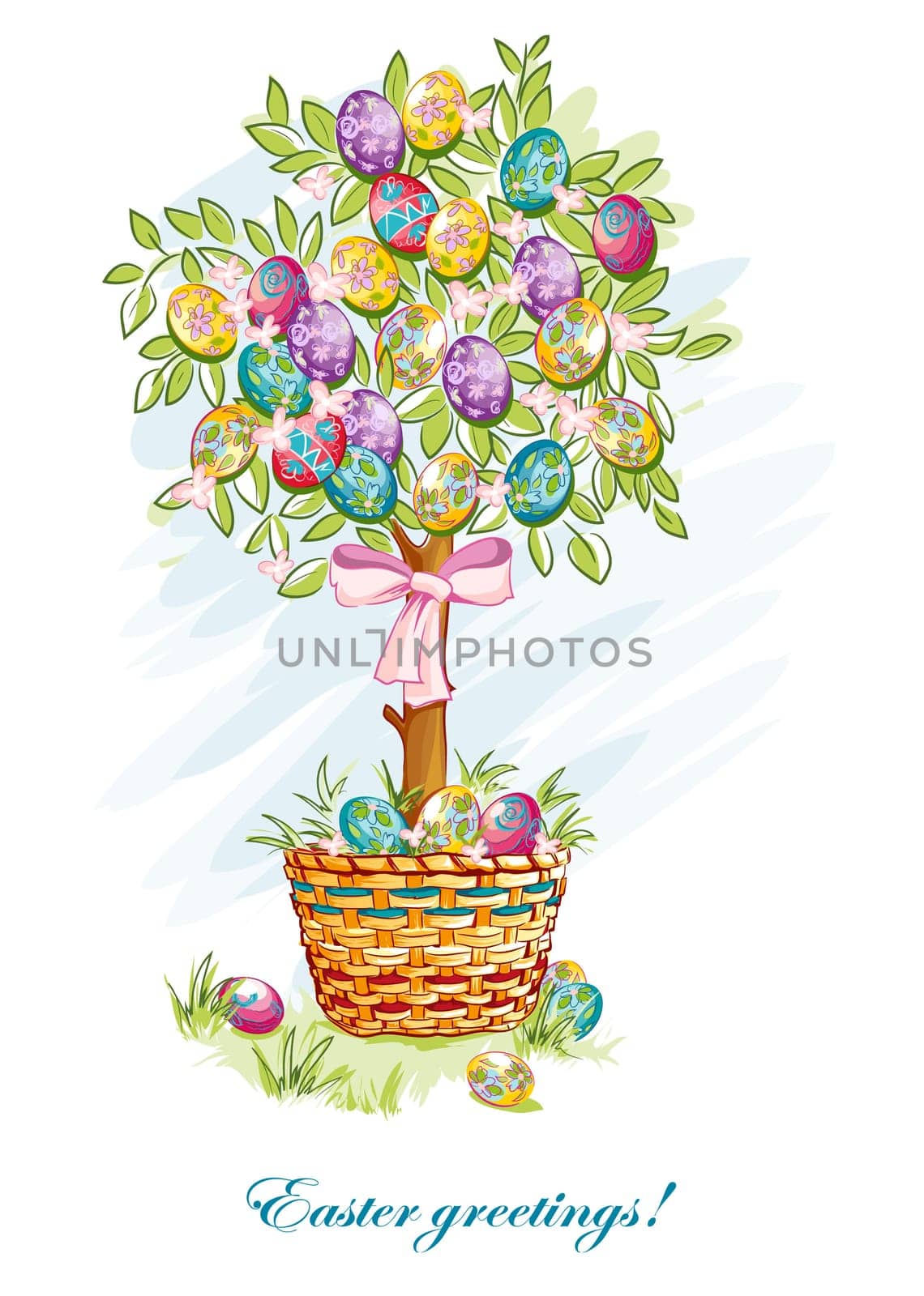 Festive postcard with Easter eggs and baskets.