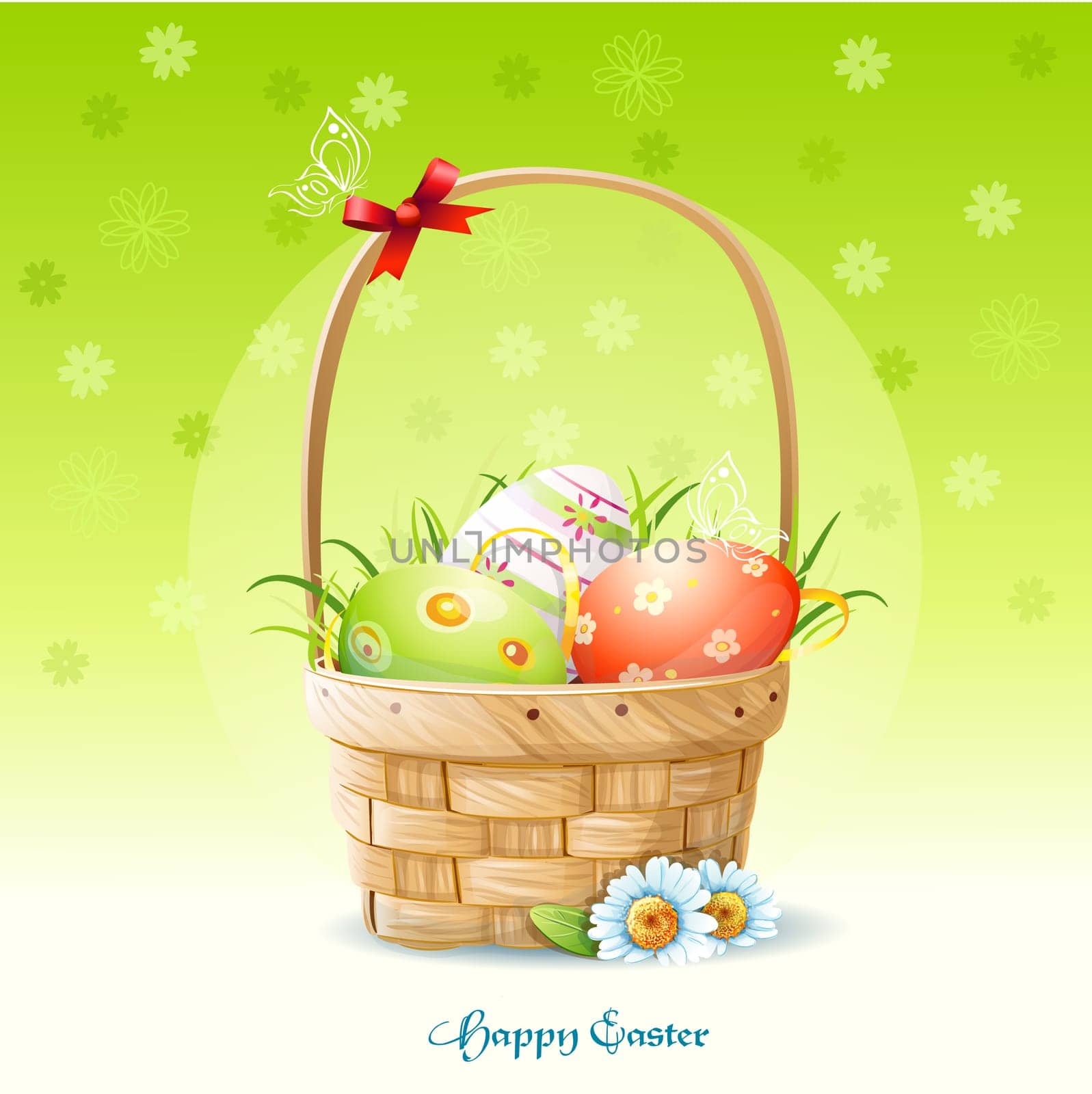 Happy Easter card and a basket with Easter eggs