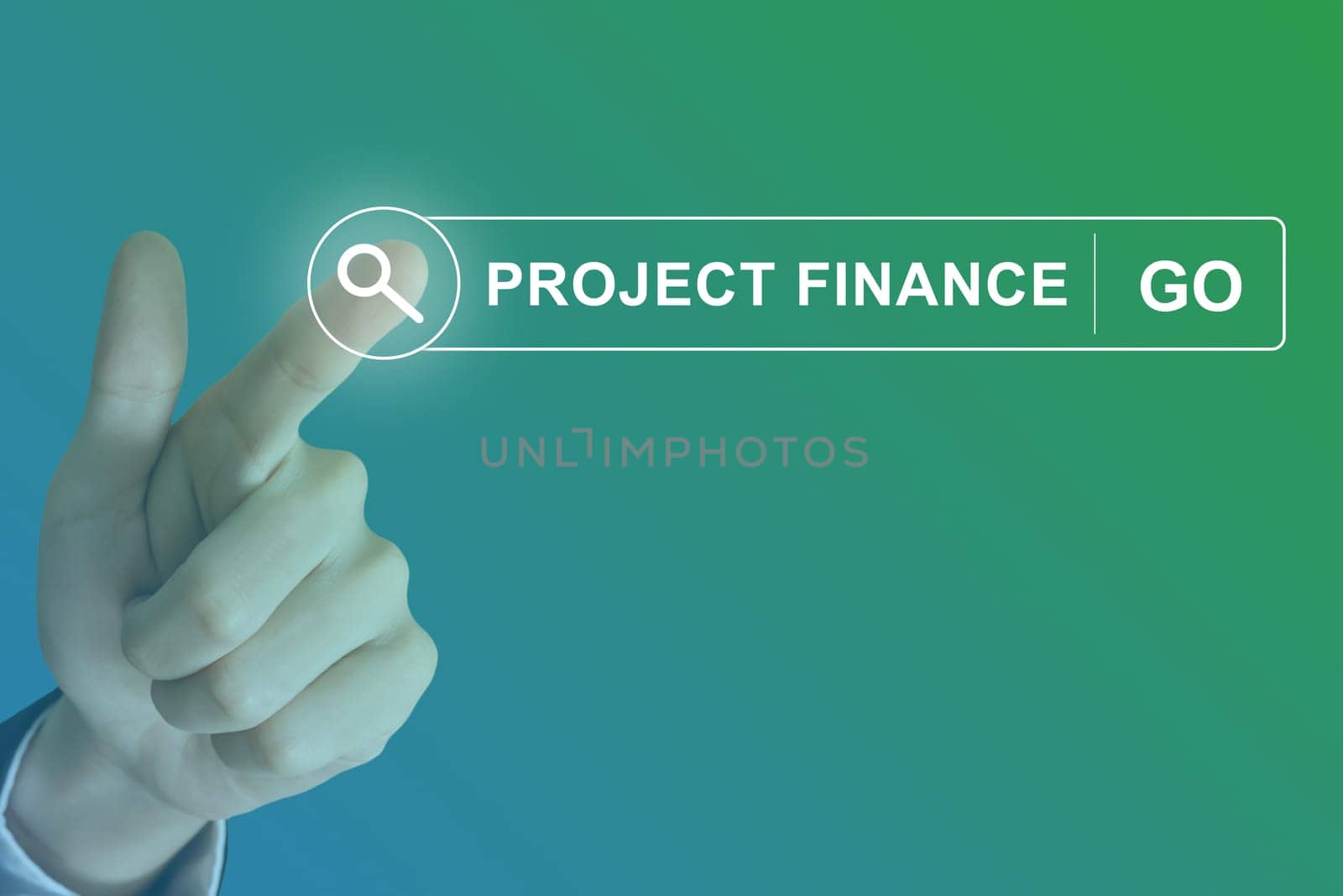 business hand clicking project finance button on search toolbar with gradient background