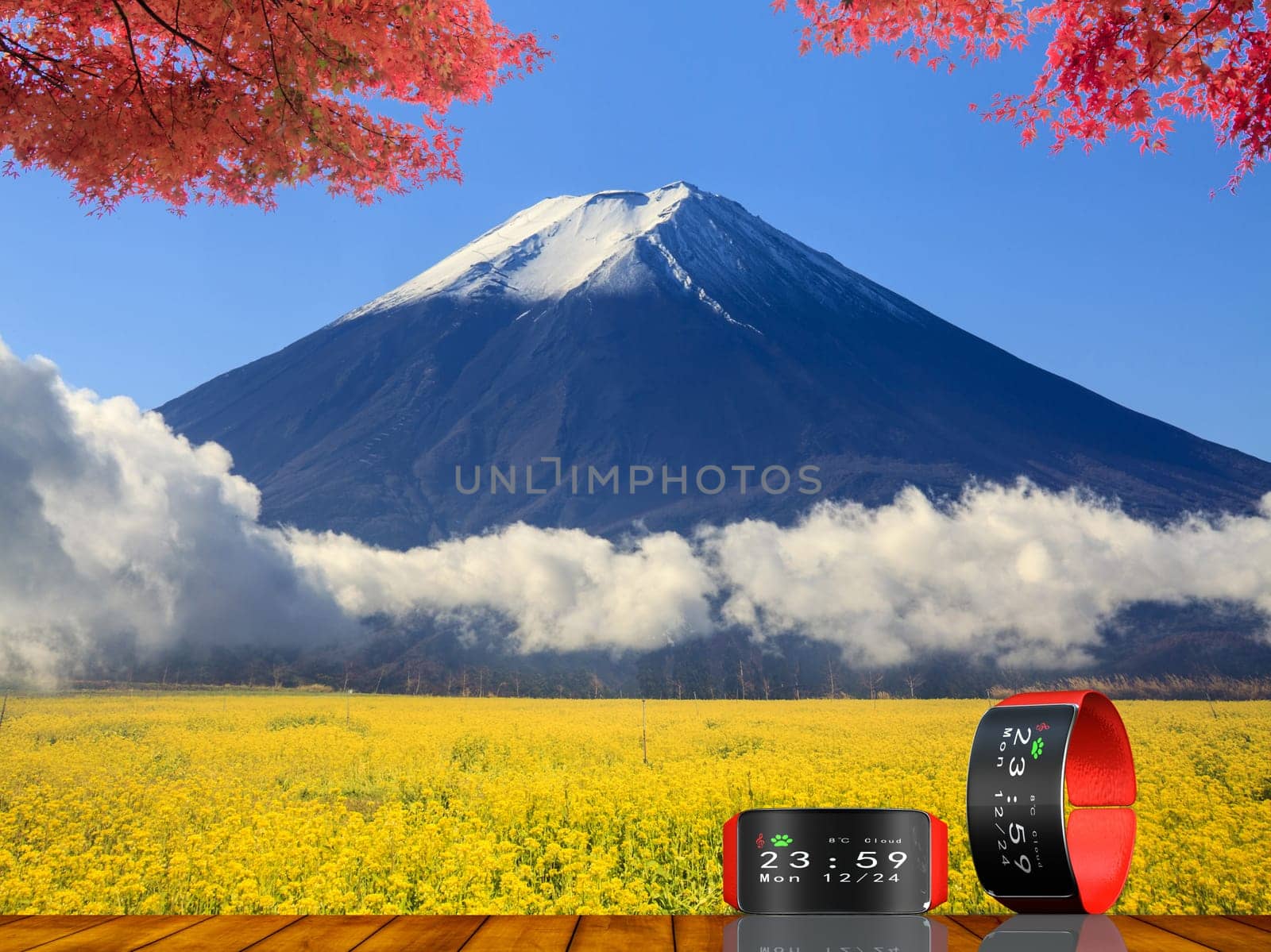 The image of beautiful fuji mountain japan with nice watch