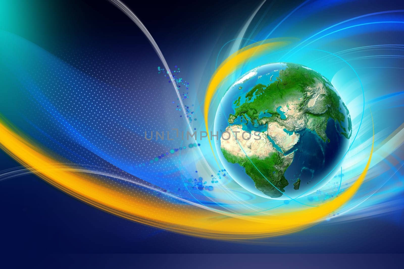 Glowing planet earth background inside yellow and white wave curves