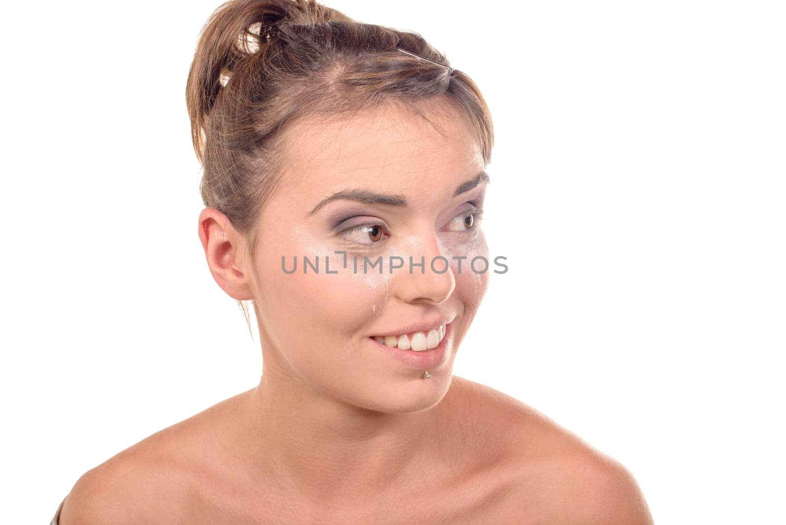 pretty young woman wears make on white background
