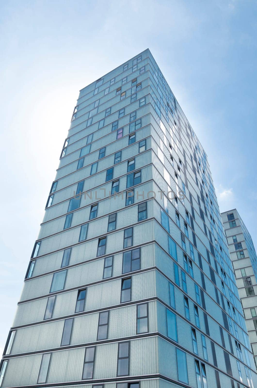 facades of modern office buildings in Almere, netherlands. It is the youngest and fastest growing city in the country, founded around 1975.