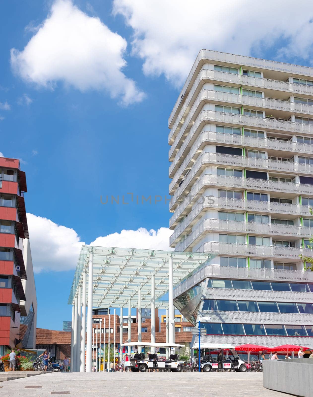 modern wind canopy in almere, netherlands. Its purpose is to protect the shopping people against the cold winds from the lake
