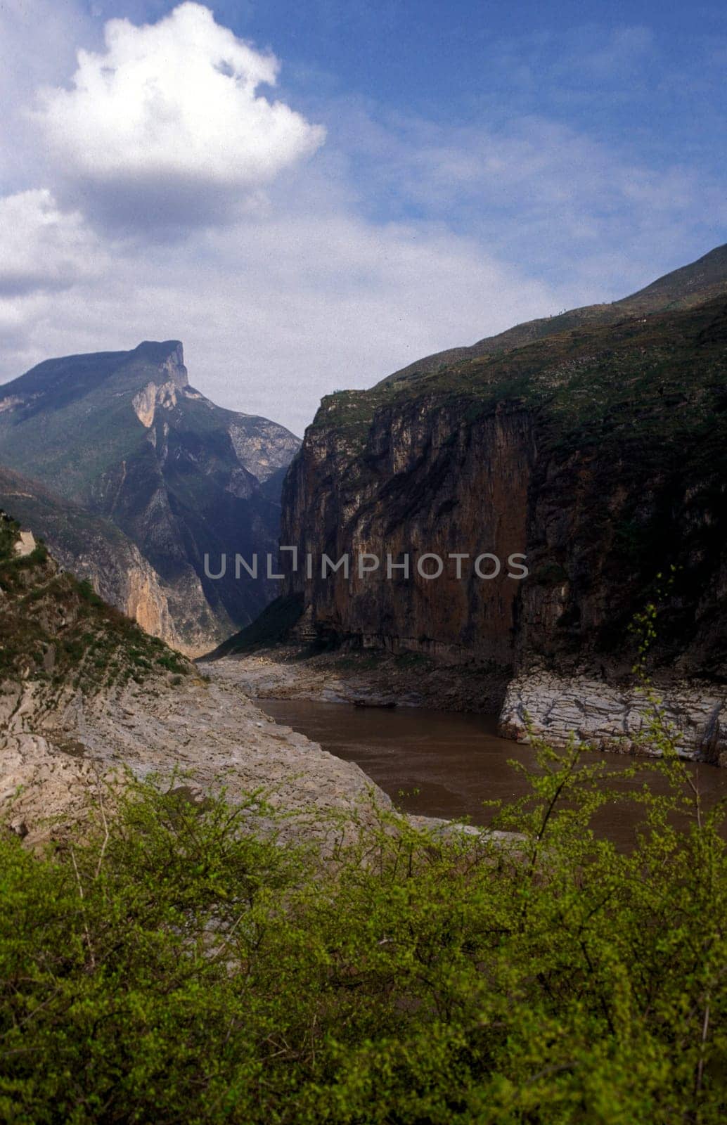 the landscape of the tree gorges near the village of fengjie at the yangzee river in the three gorges valley up of the three gorges dam project in the province of hubei in china.