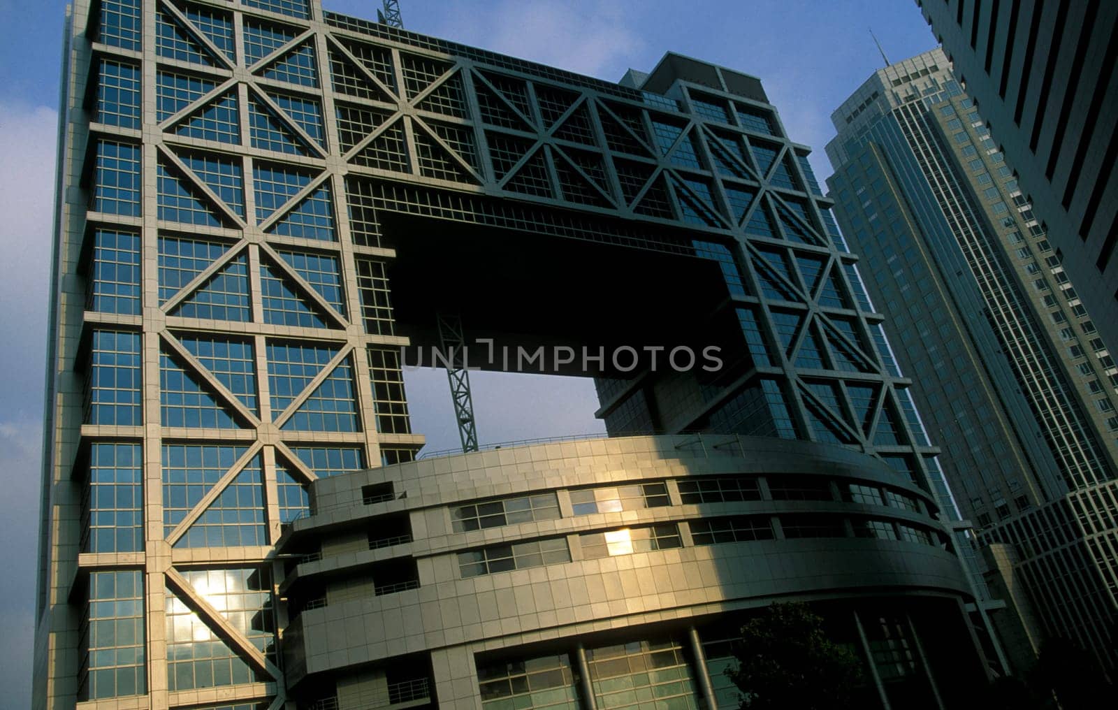 the stock market in the skyline of Pudong in the City of Shanghai in china in east asia.