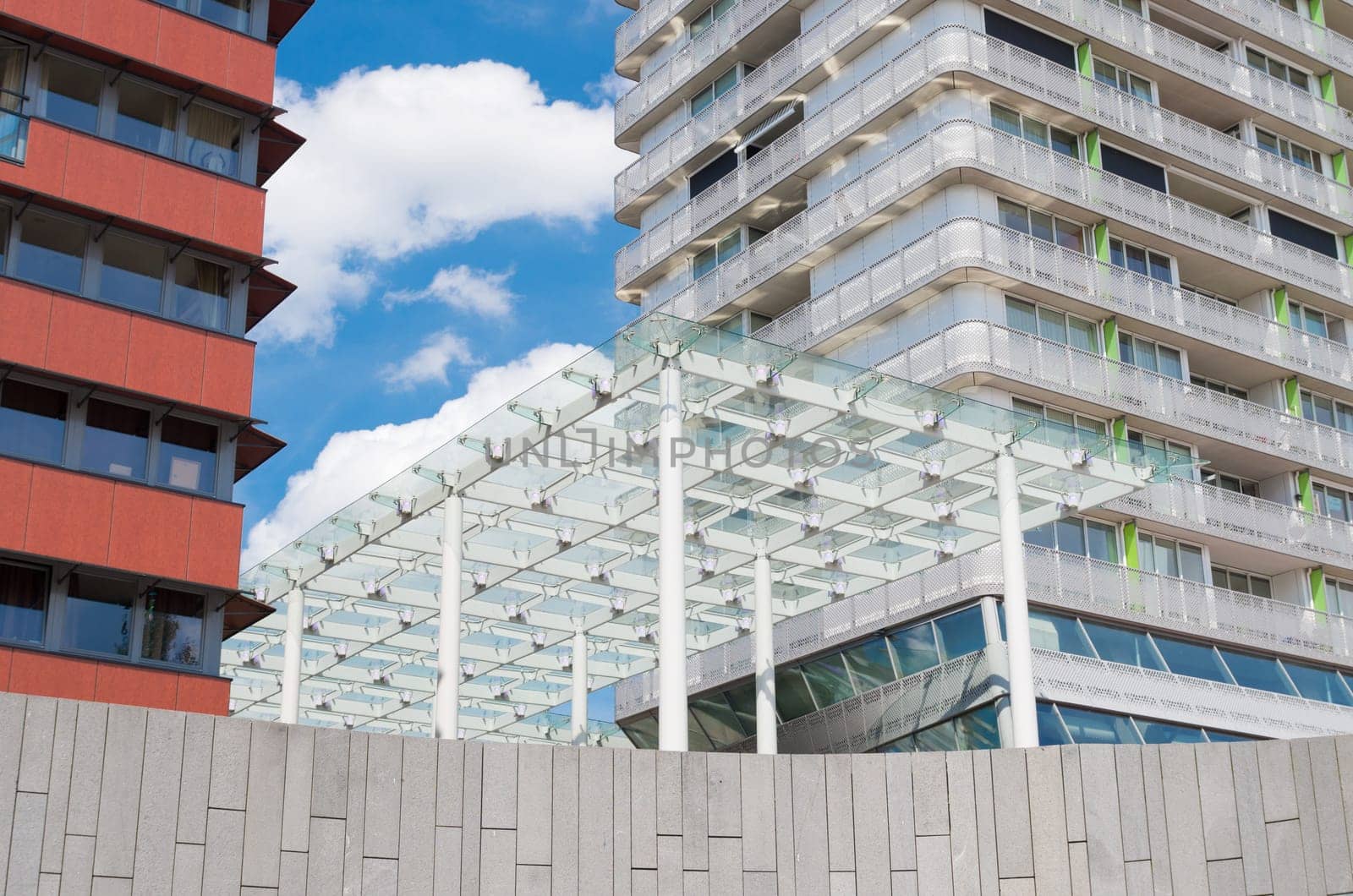 modern wind canopy in almere, netherlands. Its purpose is to protect the shopping people against the cold winds from the lake