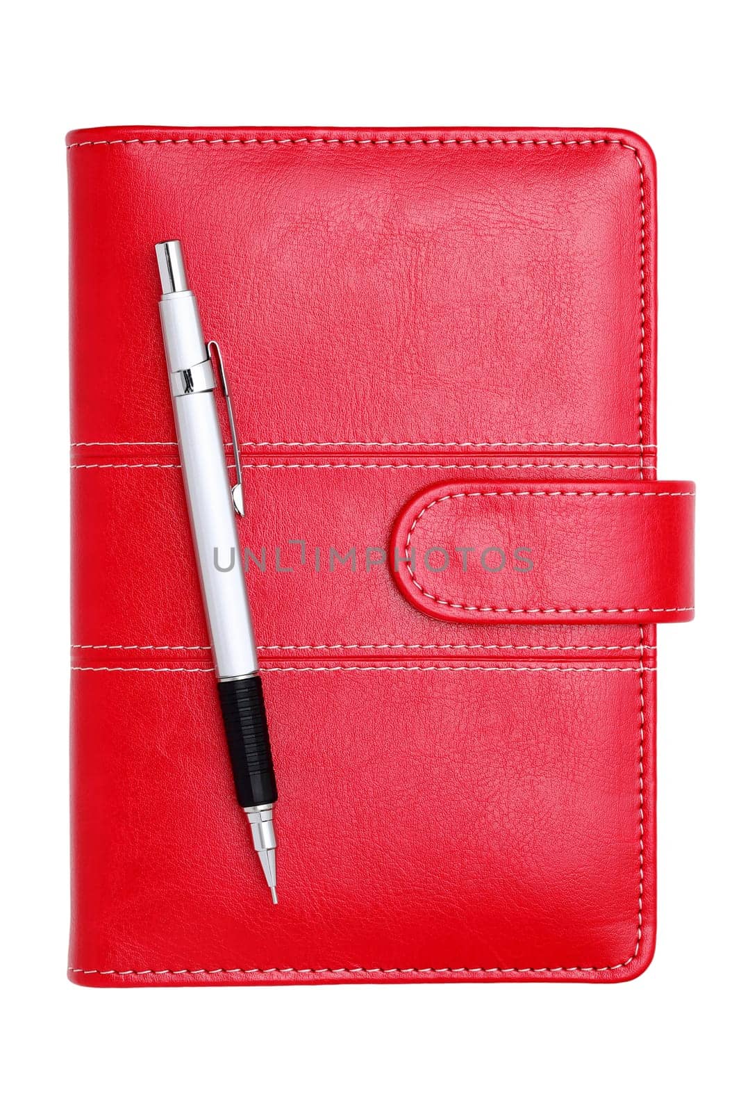 leather notebook and ballpoint pen isolated on a white background