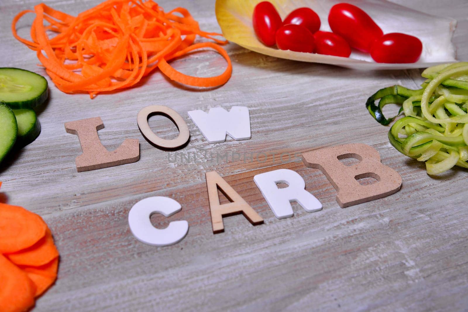 Low Carb Vegetable Letters Text Wooden Background