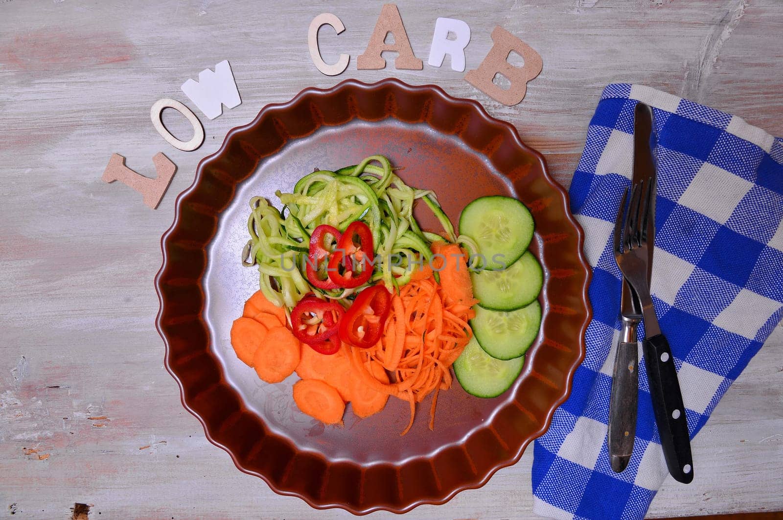 Low Carb Vegetable Letters Text Wooden Background