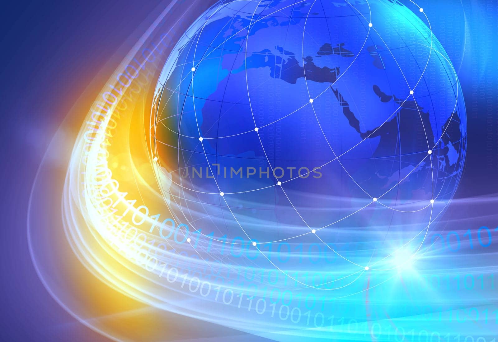Graphical digtial technology world blue and purple background with earth globe.