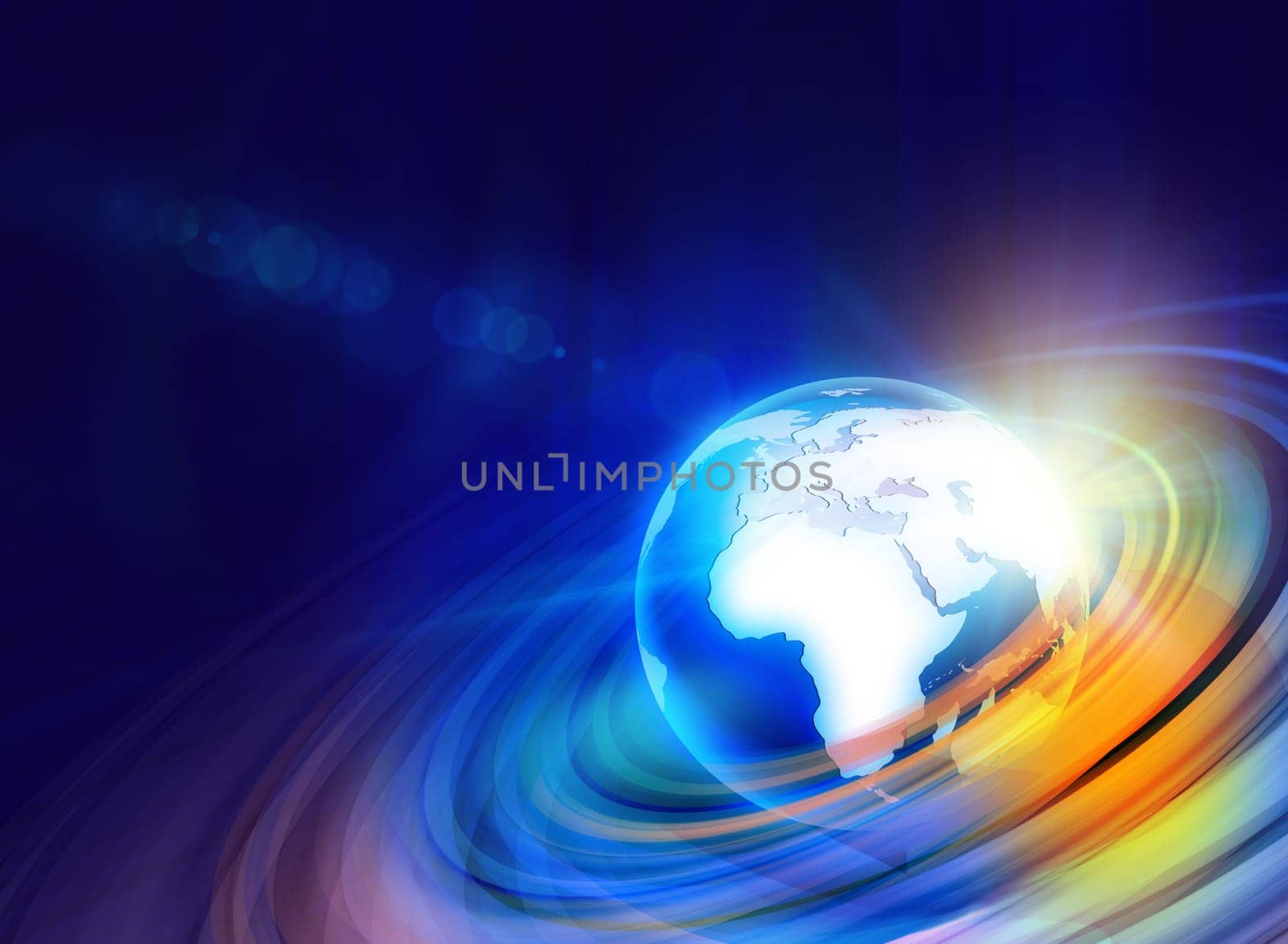 Graphical digital world background with earth globe and lens flare