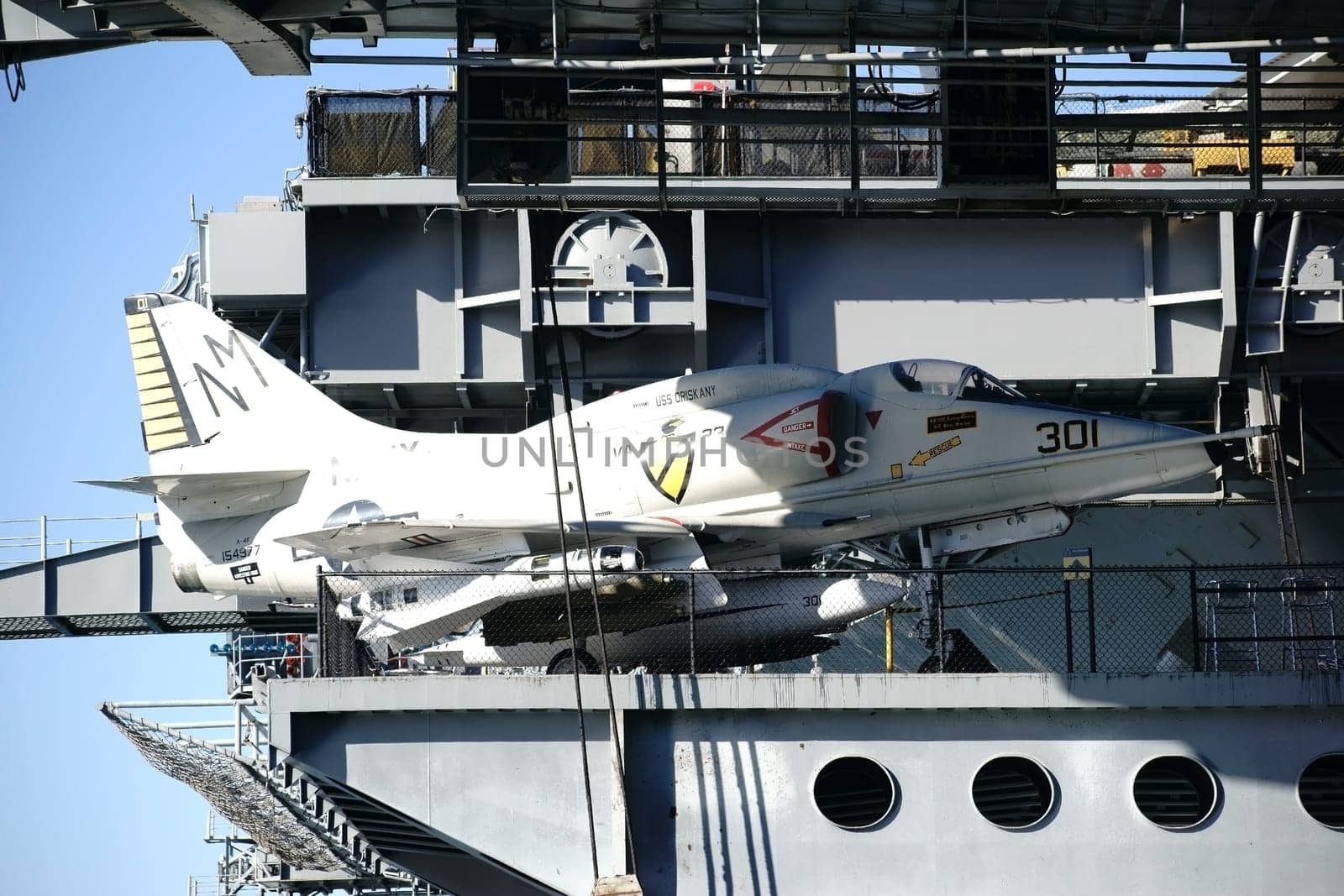 San Diego,United States - December 25,2015: An AF-4 VA 23 Attack Squadron fighter aircraft stands on the intermediate deck of the aircraft carrier and museum ship MSS Midway Pier on December 25,2015 in the San Diego Navy.