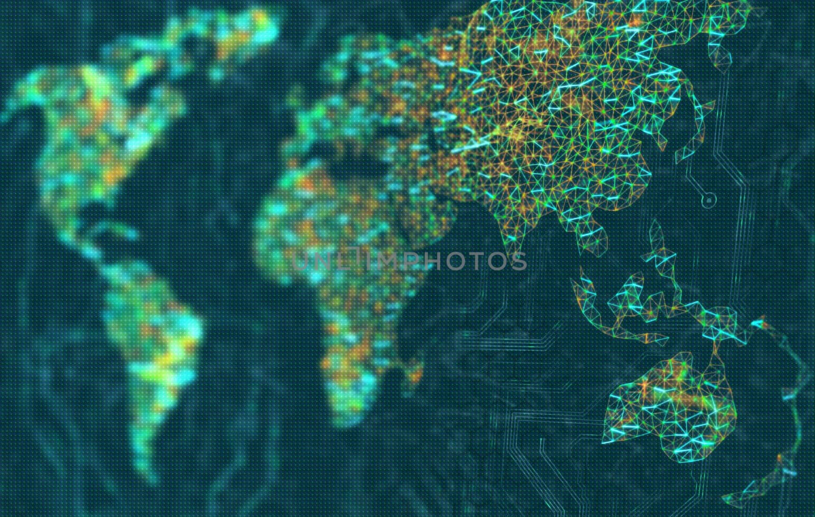 The map of the world represented by illuminated digital connections. 3D image with depth of field on a LED screen.