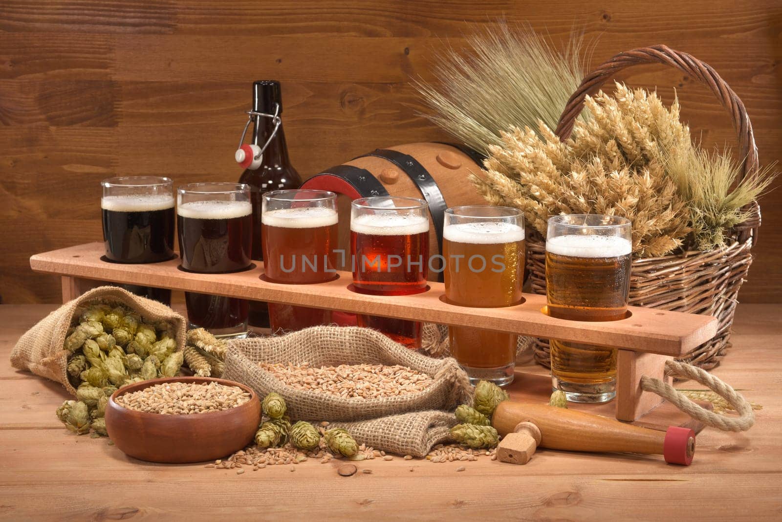 Beer carriers and beer glasses with wheat,barley,hops and malt
