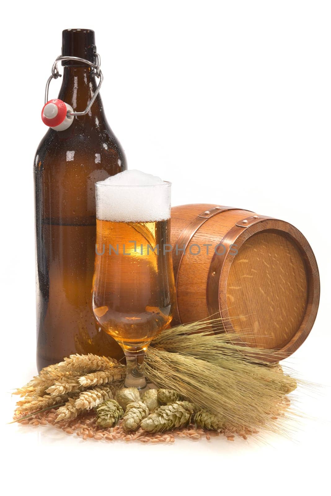 XXL beer bottle,beer glass and beer barrel with wheat,barley,hops and malt
