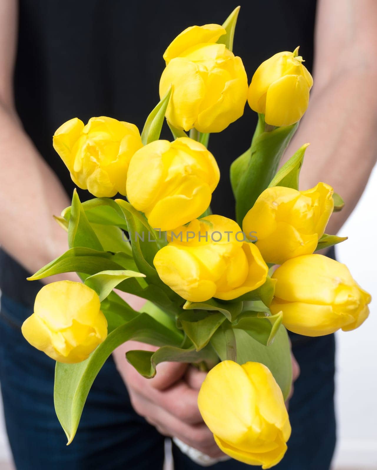 Man holding yellow tulips