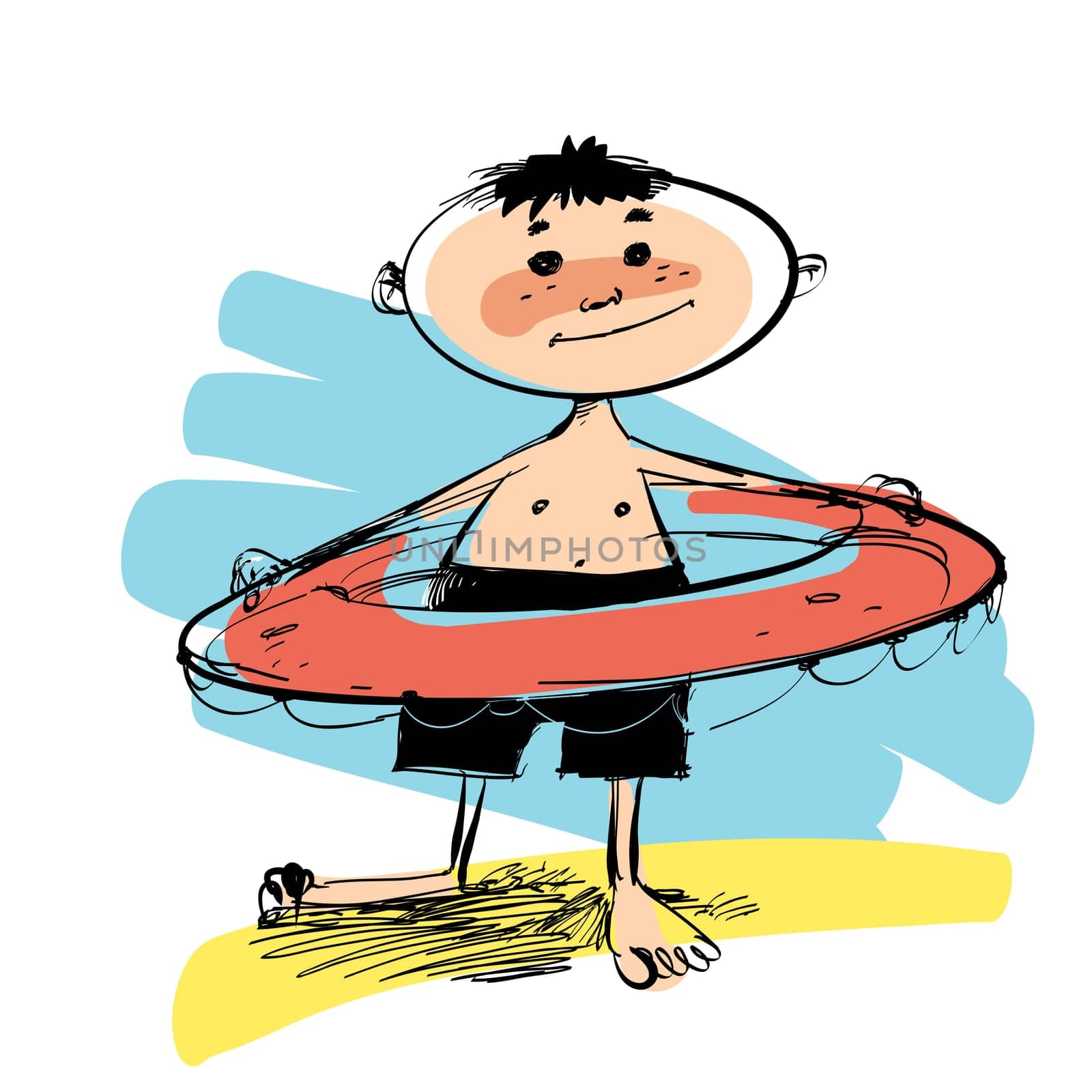 Boy with swimming circle. Beach and summer vacation. Childhood and boys