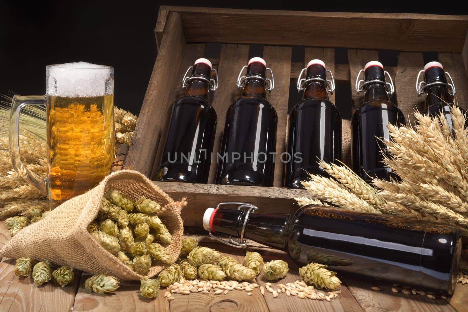 Beer box and beer glass with wheat,barley,hops and malt