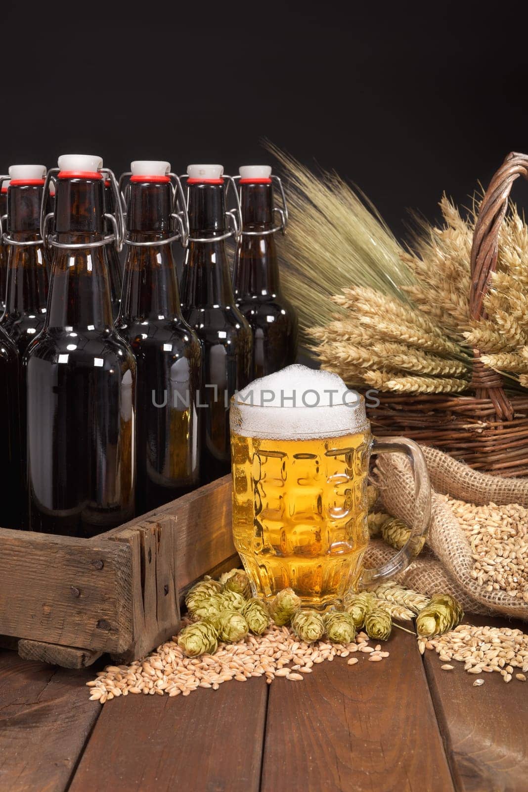 Beer box and beer glass with wheat,barley,hops and malt