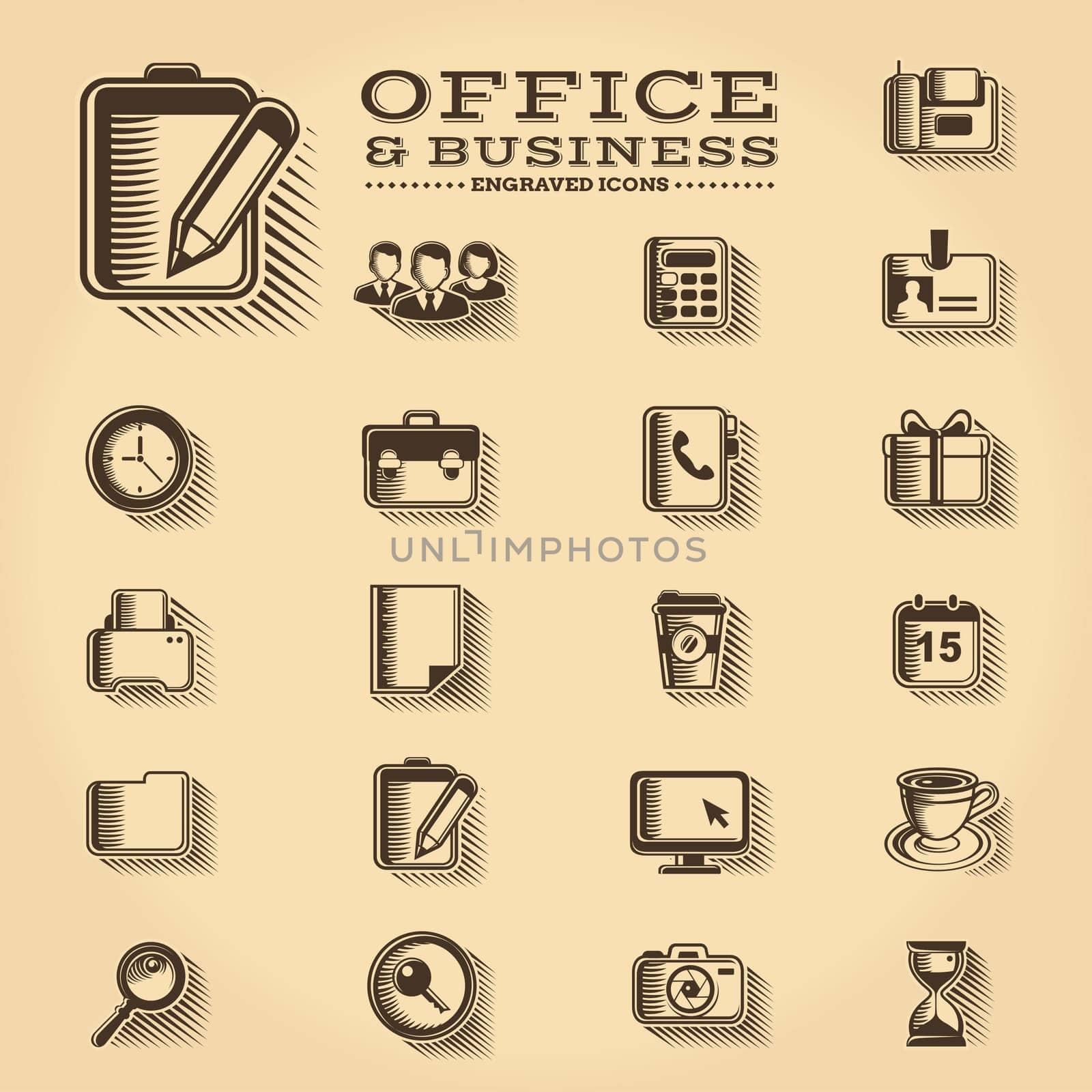 Business, office, and web engraved icons set