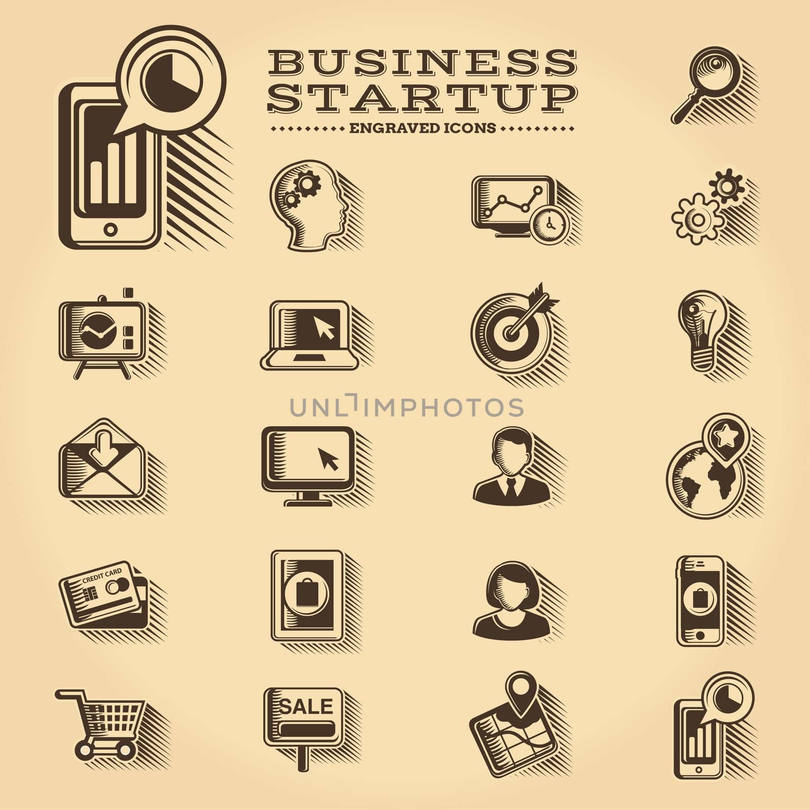 Business, office, and web engraved icons set