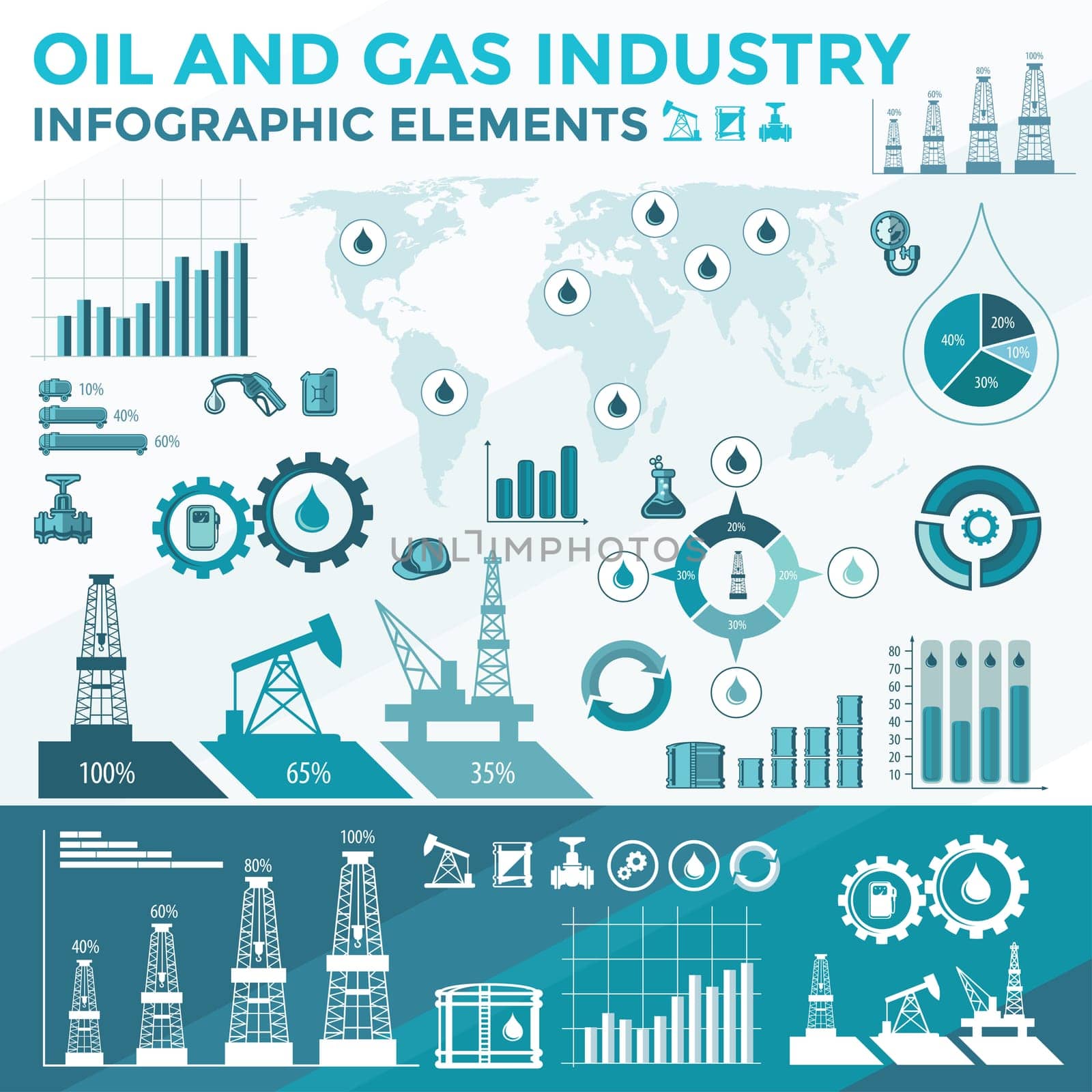 Oil and Gas infographic icons and elements.