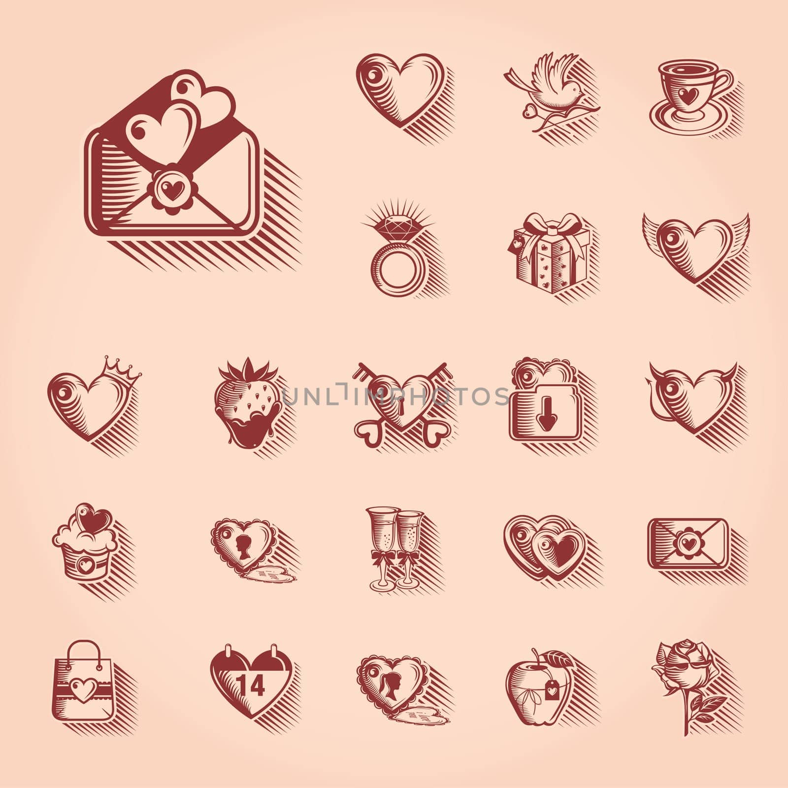 Happy Valentines Day engraved retro icons set
