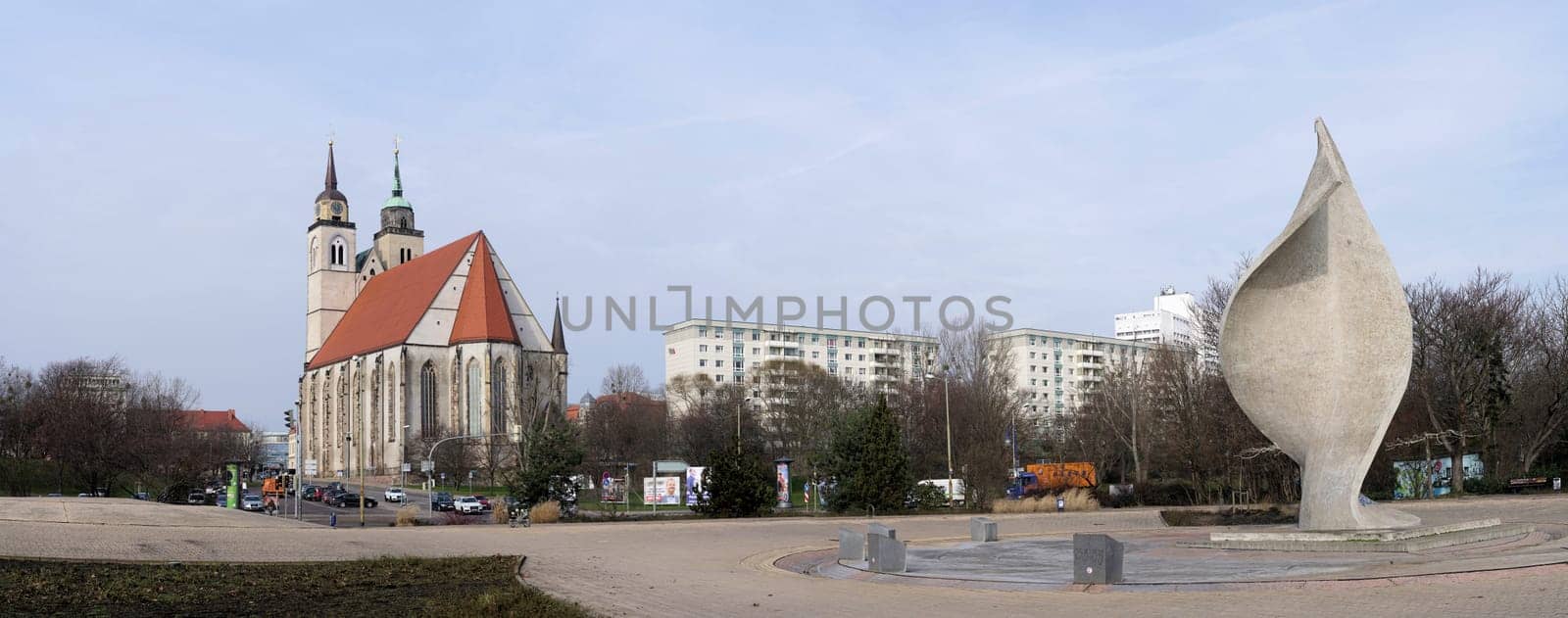 Panorama of the city of Magdeburg on the banks of the Elbe with a view of St. John's Church