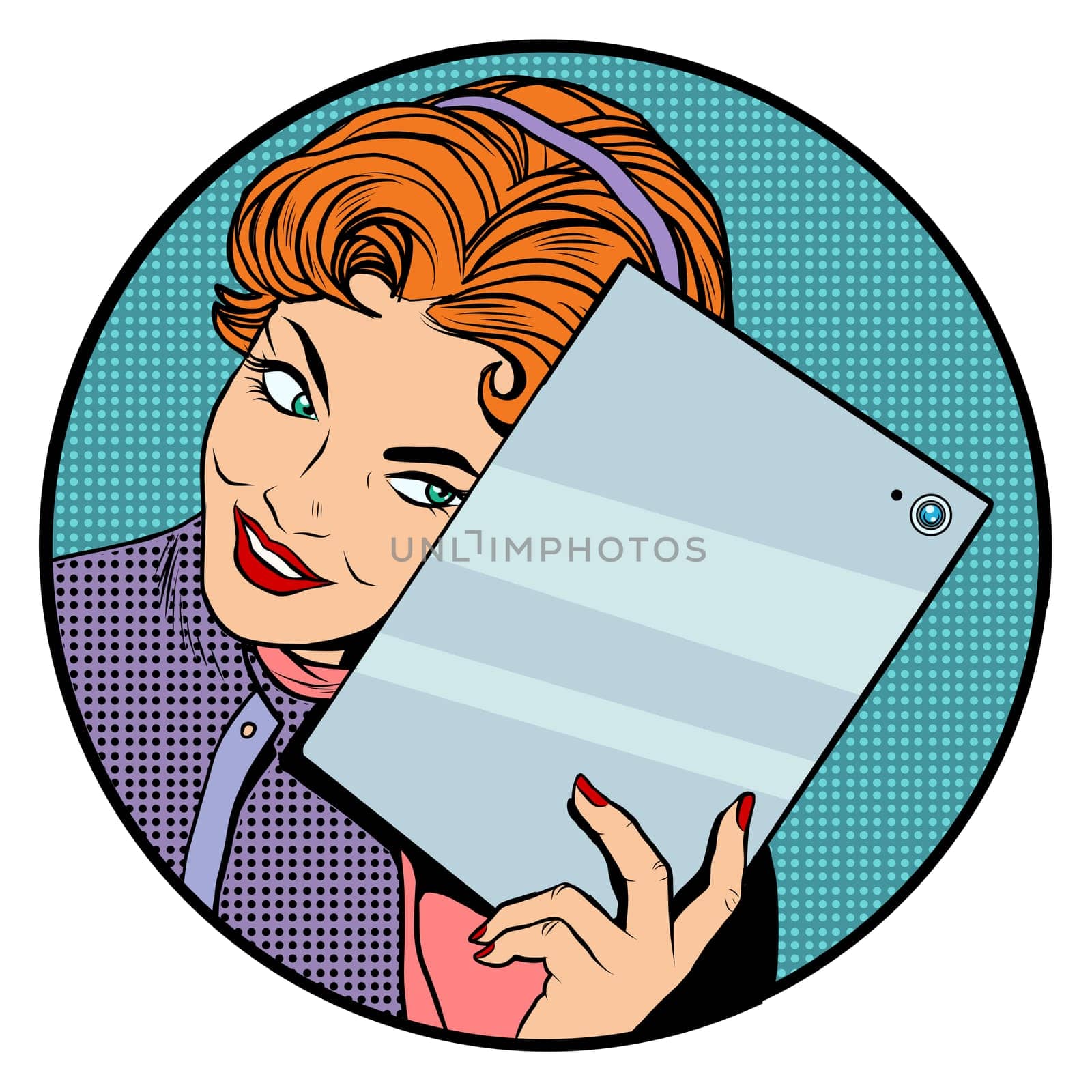 Girl with mobile tablet pop art retro style. New technologies and gadgets. The woman and the Internet