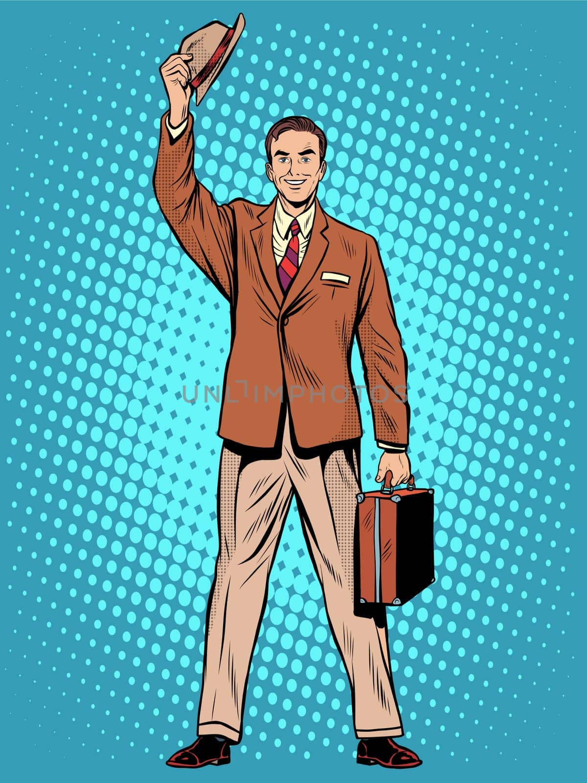Male passenger welcome pop art retro style. Businessman business trip. Travel and tourism