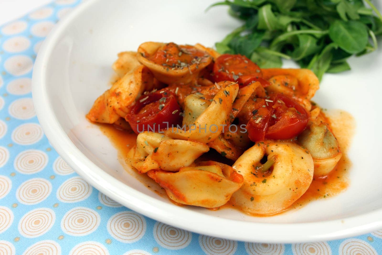 Tortellini with tomatoes in tomato and cream sauce and garnished with salad