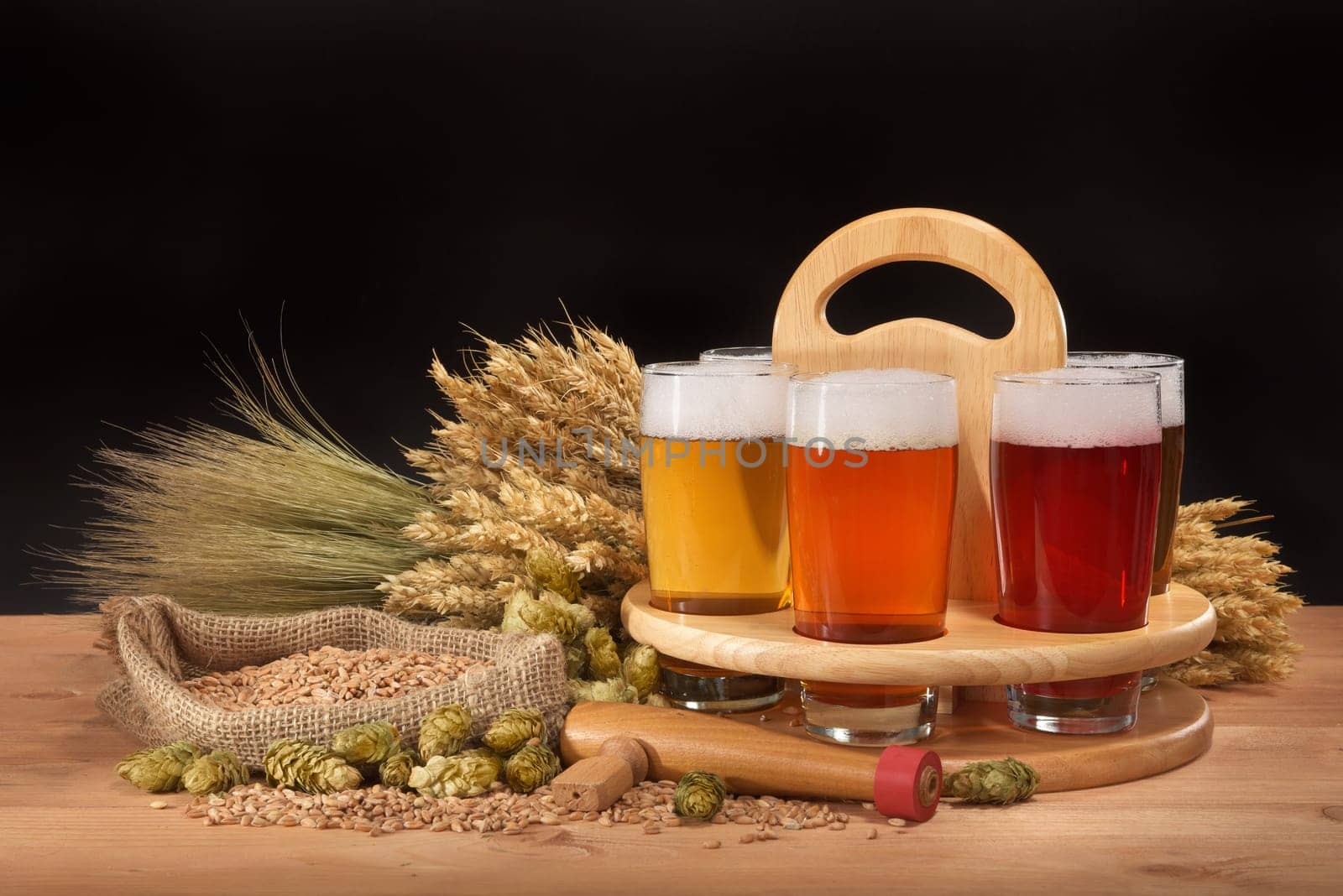 Beer carriers and beer glasses with wheat,barley,hops and malt