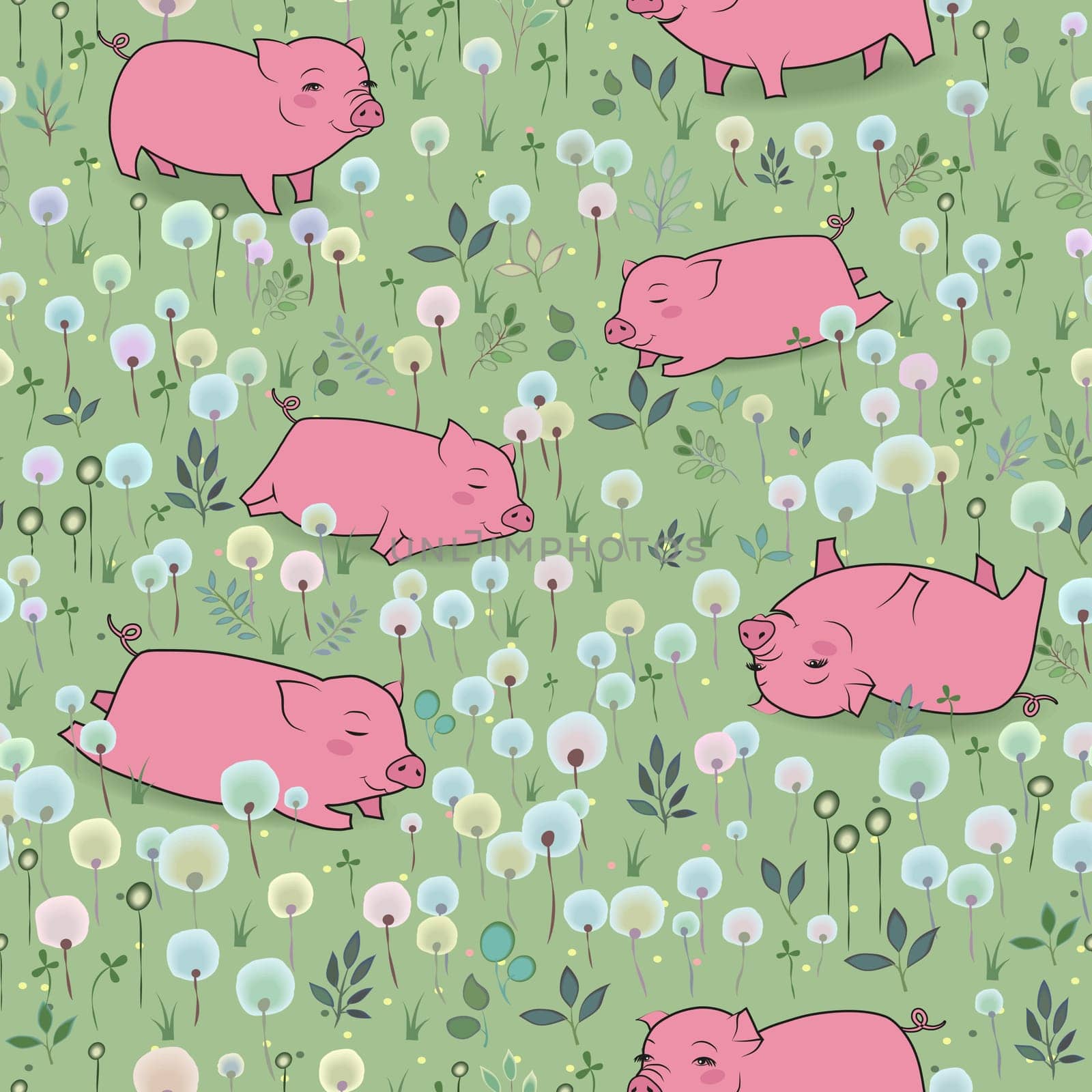 Happy Pigs on the blossoming field. Seamless Pattern