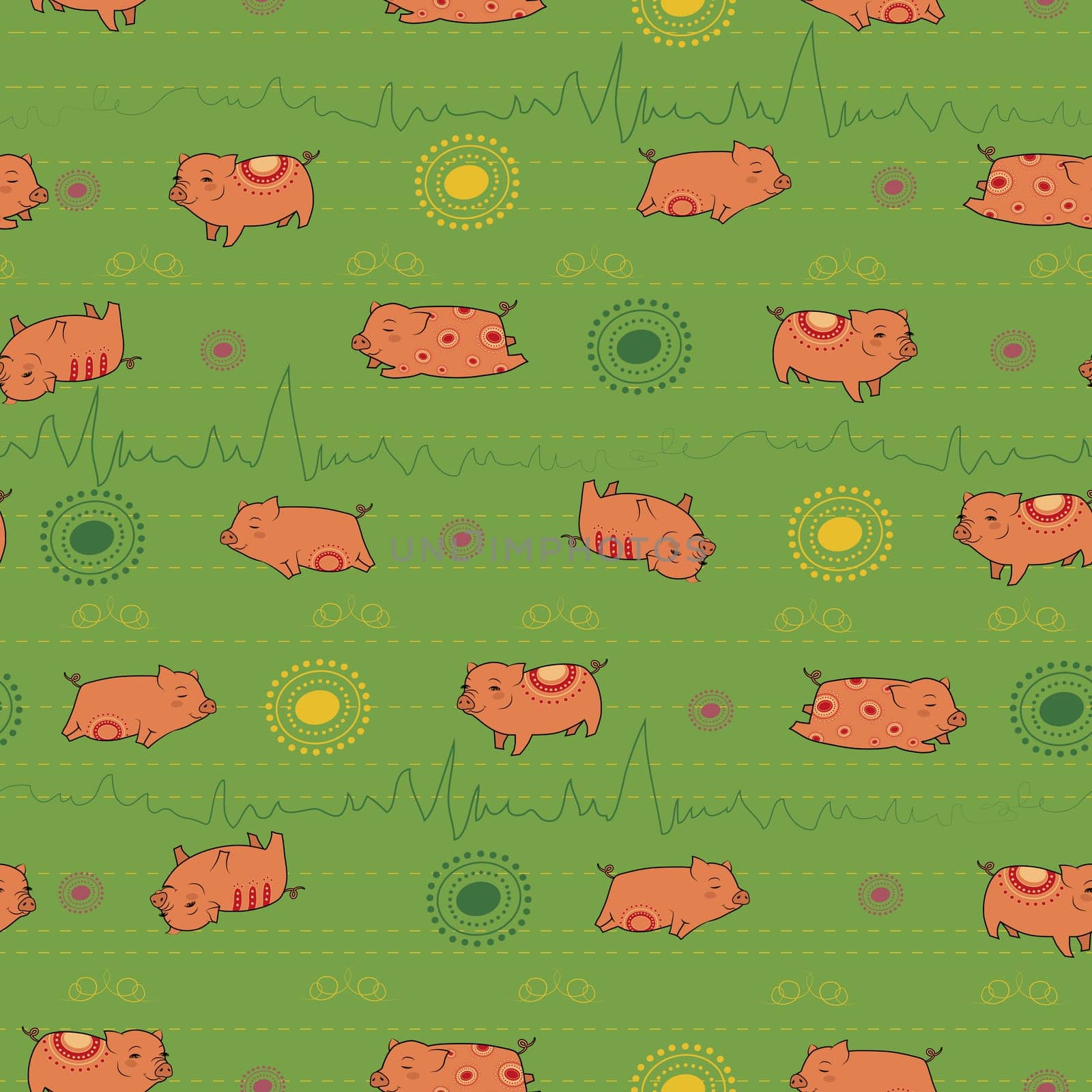 Happy pink piggies with green background. Vector Seamless Pattern