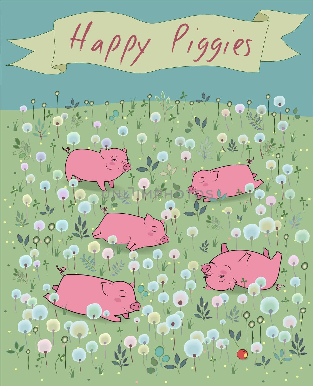 Happy Piggies on the blossoming field