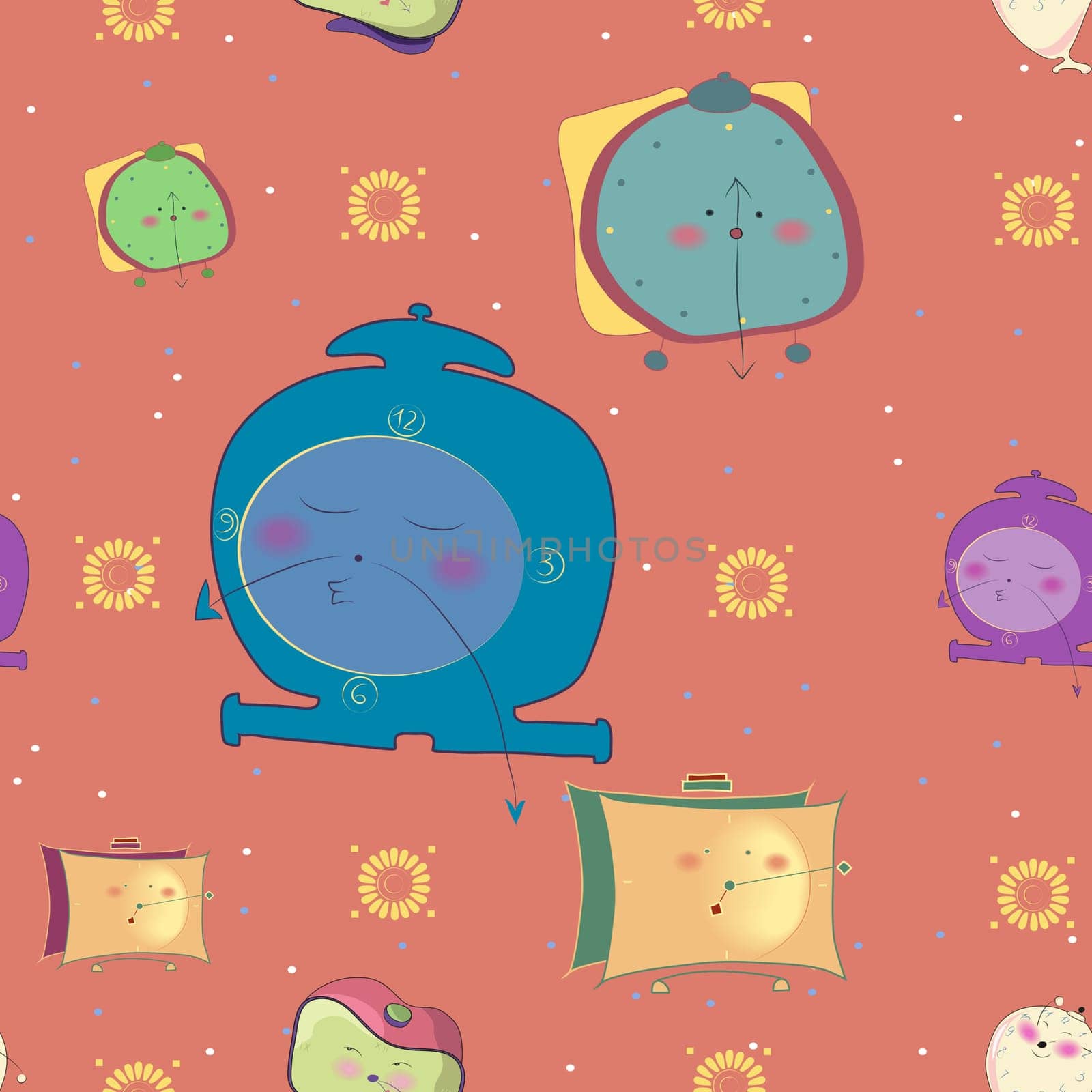 Seamless pattern. Funny alarm clocks