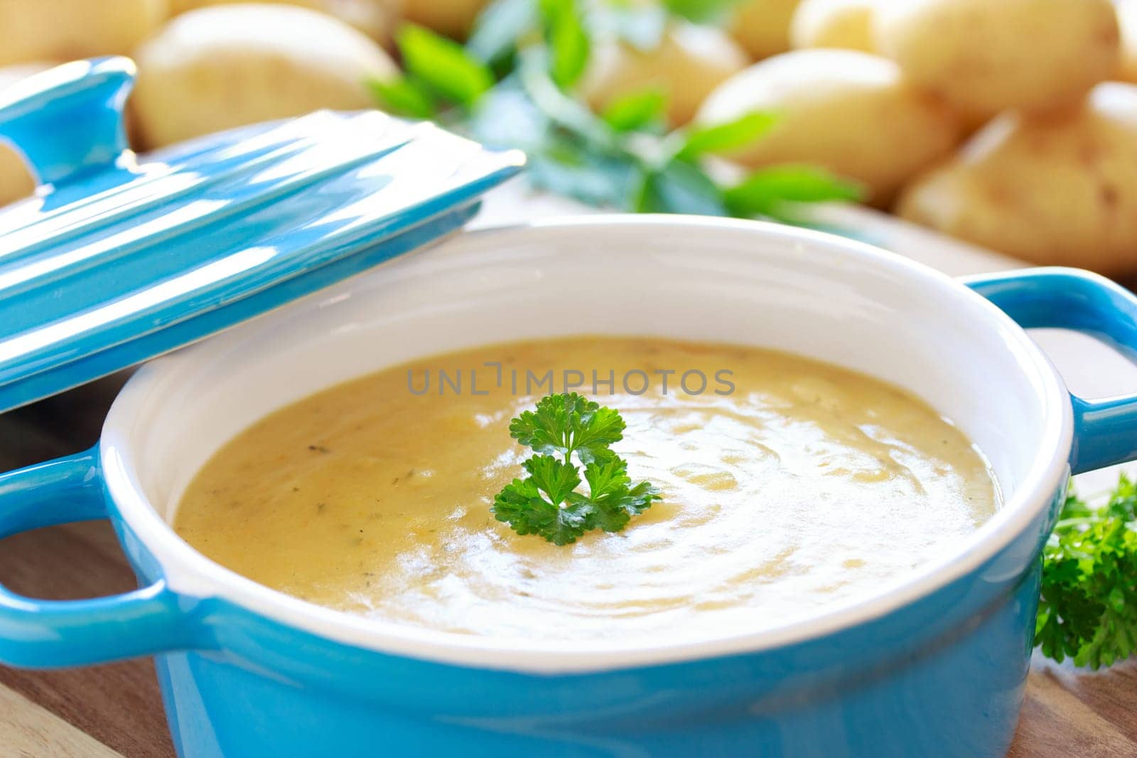 potato soup in blue pot