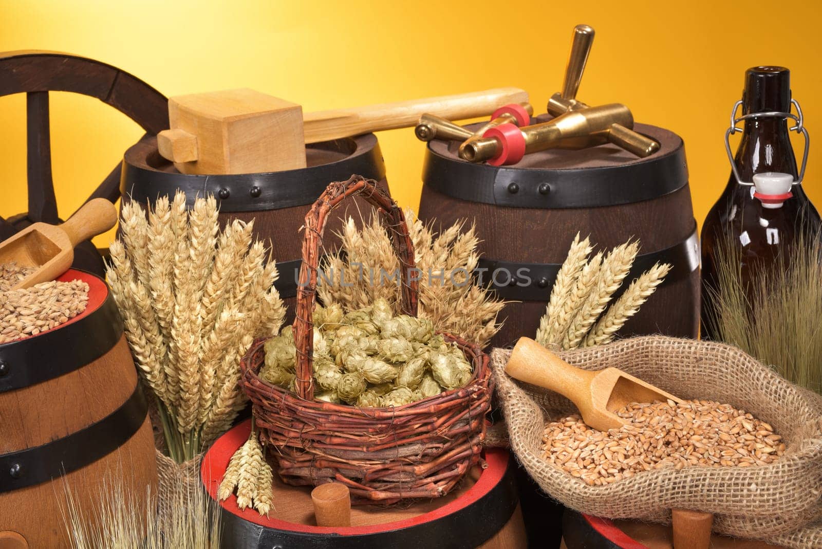 Beer barrels,beer bottle,hammer and tap with wheat,barley,hops and malt
