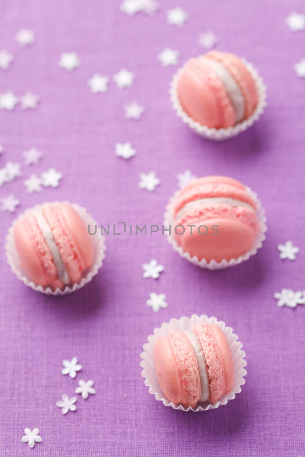 Pink macarons with buttercream filling on pink