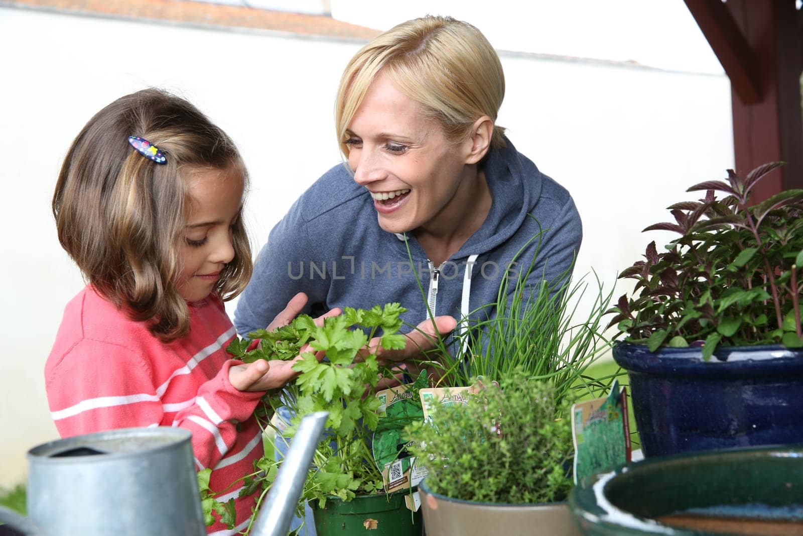Mother and daughter in garden planting aromatic flowers