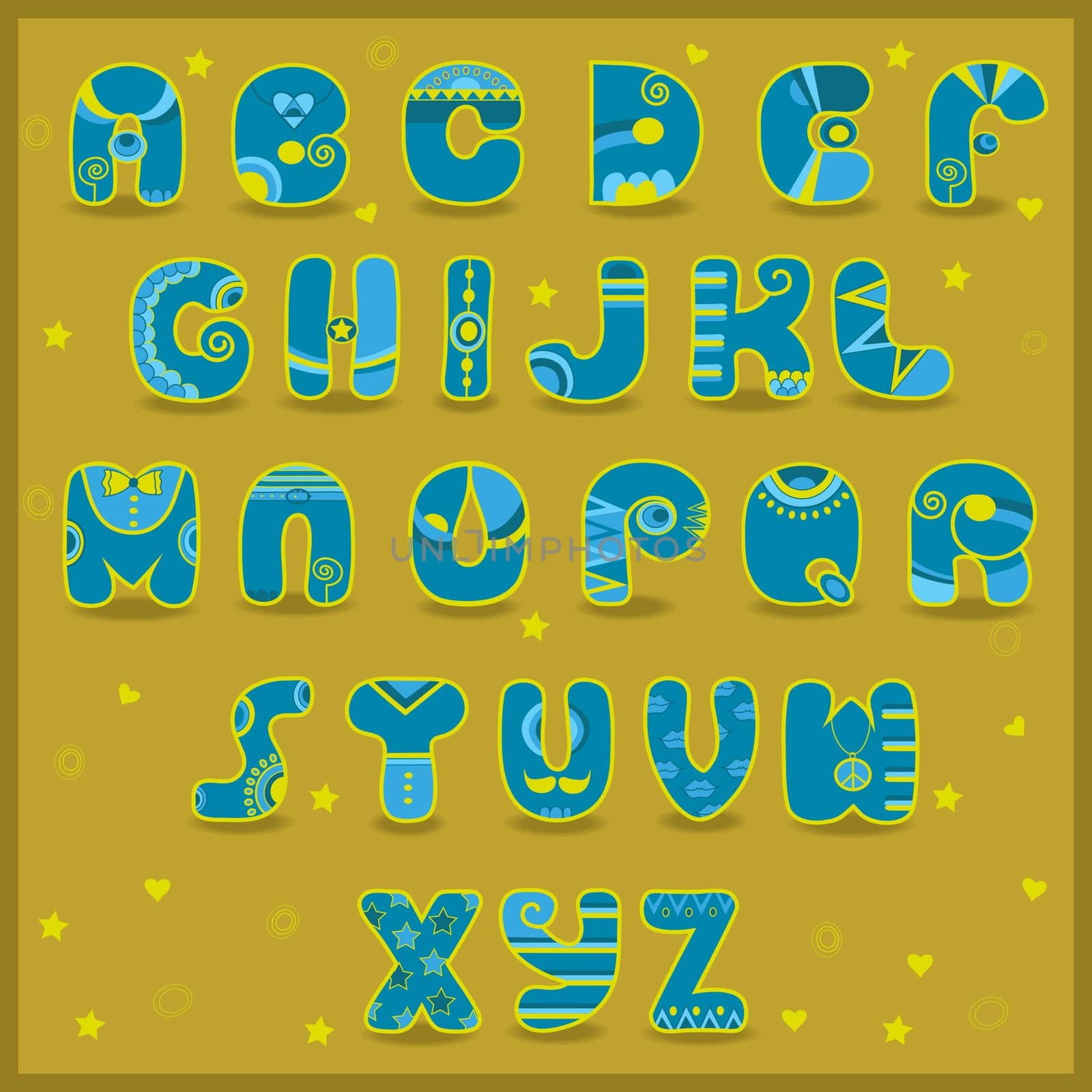 Fairy Alphabet. Funny blue and yellow letters. Vector Illustration